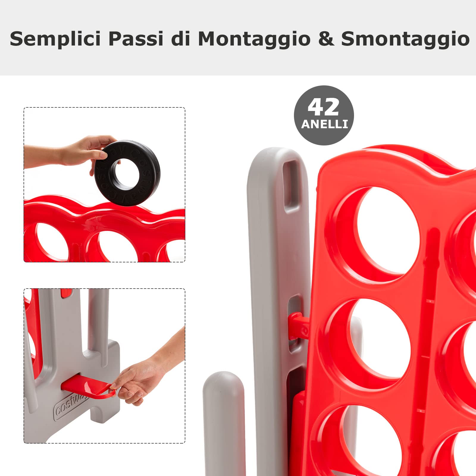 COSTWAY Forza 4 Gigante da Interno ed Esterno, Forza Quattro per Bambini e Adulti con 42 Anelli Giganti e Dispositivo di Scorrimento a Sgancio Rapido, Perfetto per Feste e Vacanze