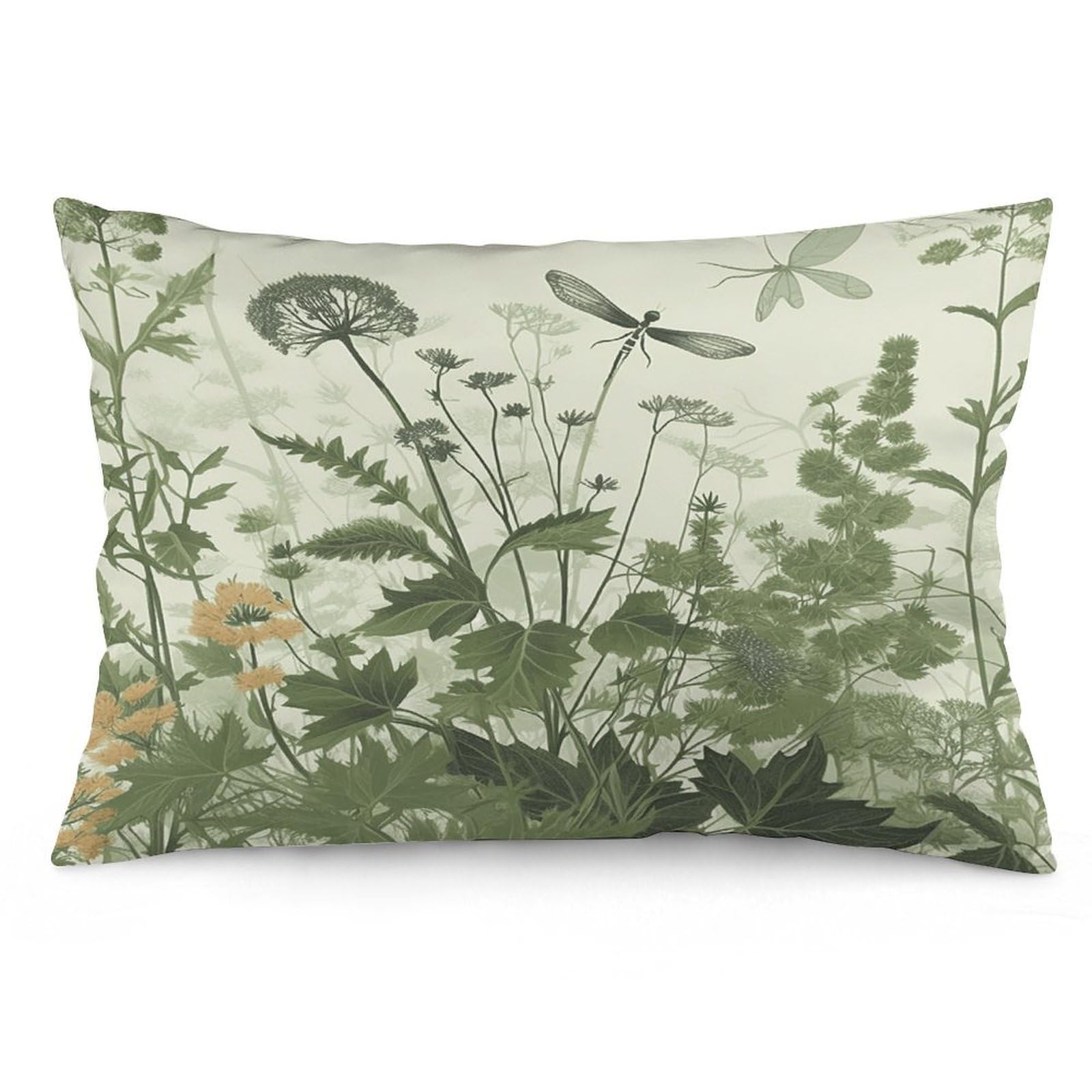 Foliage and Herbs with Dragonflies Winged Throw Pillow Cover Soft Pillow Case Decorative Lumbar Pillow Cover Cozy Throw Pillowcase Polyester Rectangular Cushion Case Decor for Couch Sofa Bed