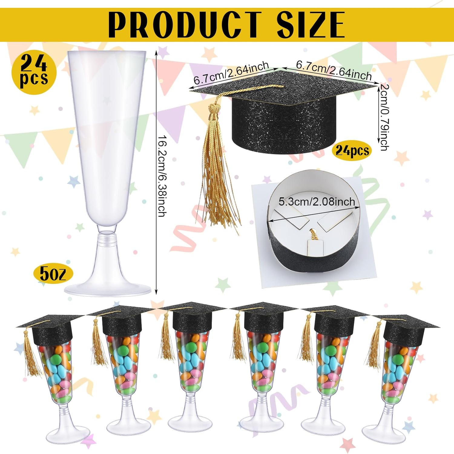 Ziliny 24 Set Graduation Cap Champagne Plastic Flutes with Graduation Cap Champagne Topper 2026 Grad Party Decoration