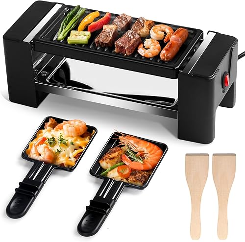 Parrilla eléctrica para interiores, pequeña parrilla coreana para barbacoa, mini parrilla eléctrica al aire libre con 2 cacerolas de queso raclette