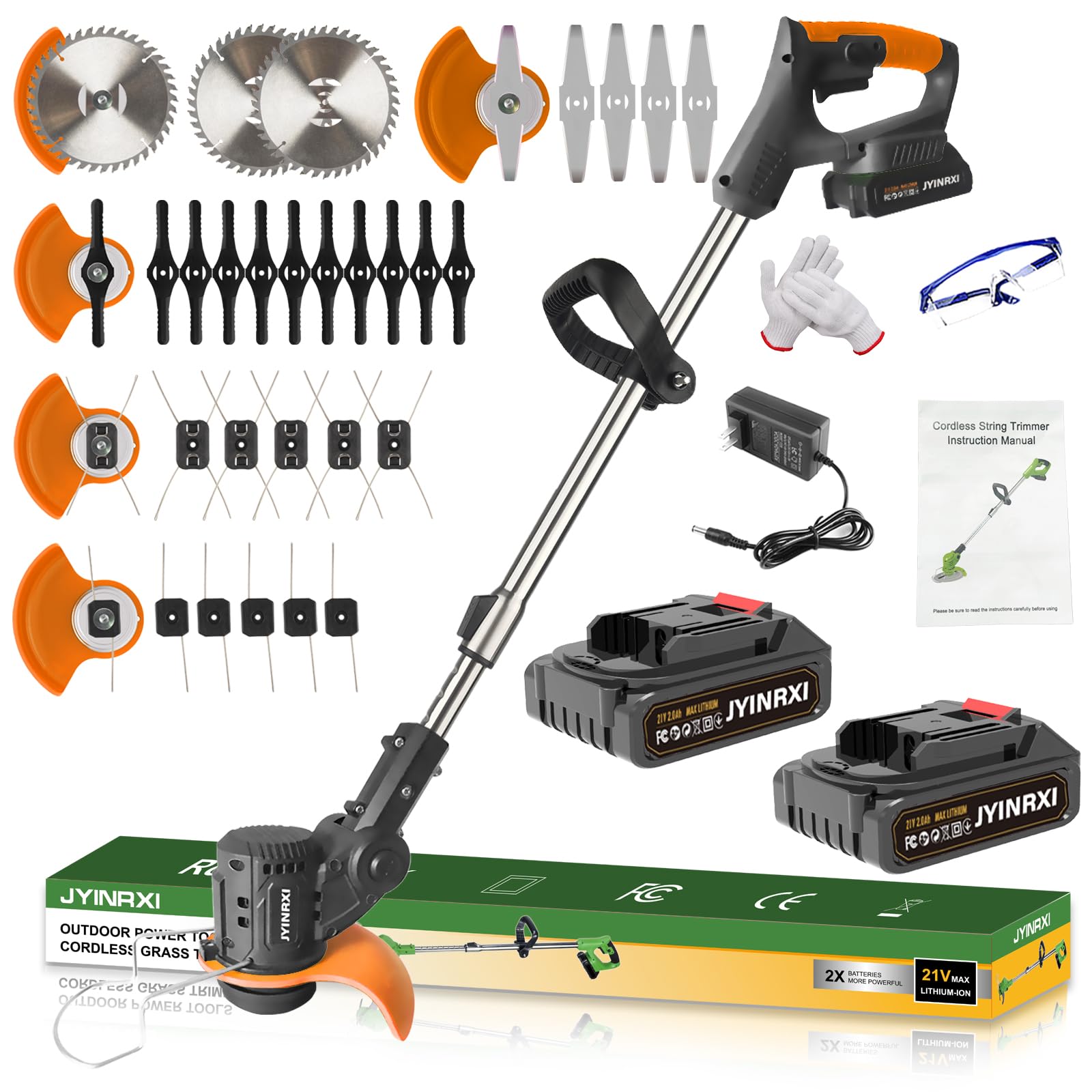 Electric Weed Wacker Cordless,21V Weed Cordless Eater Battery Powered with 2 * 2.0Ah Battery and 5 Types Blade, 3-in-1 Stringless Grass Trimmer/Edger/Brush Cutter for Lawn Garden Yard