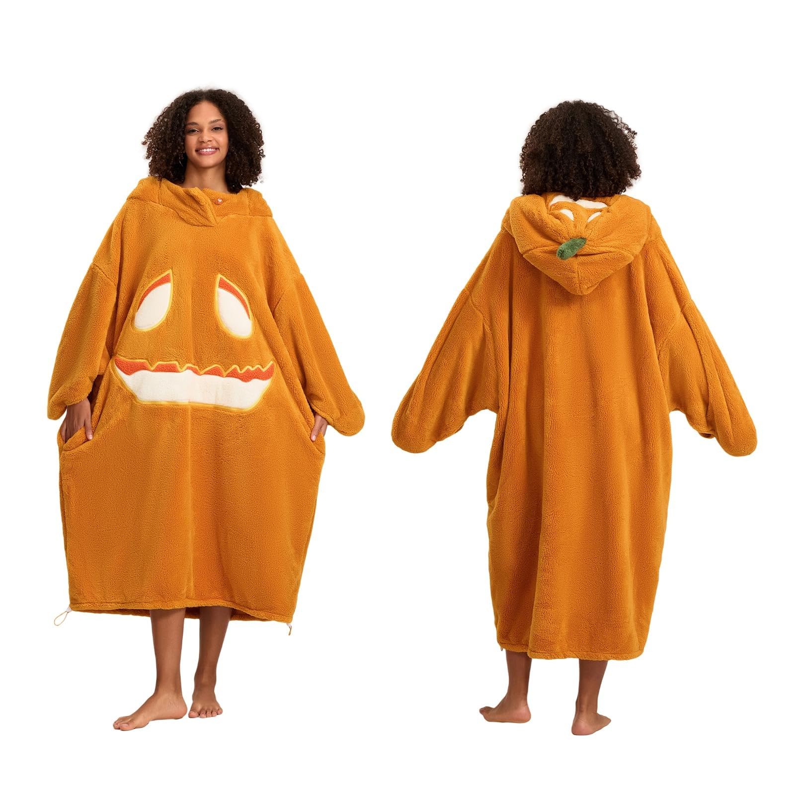 Costume Halloween Donna, Pigiama Intera Halloween Zucca con Cappuccio, Tuta Onesie in Pile Decorazioni, Pigiama Completo Adulto da Casa per Festa, Carnevale, Cosplay, Natale e Serate a Tema
