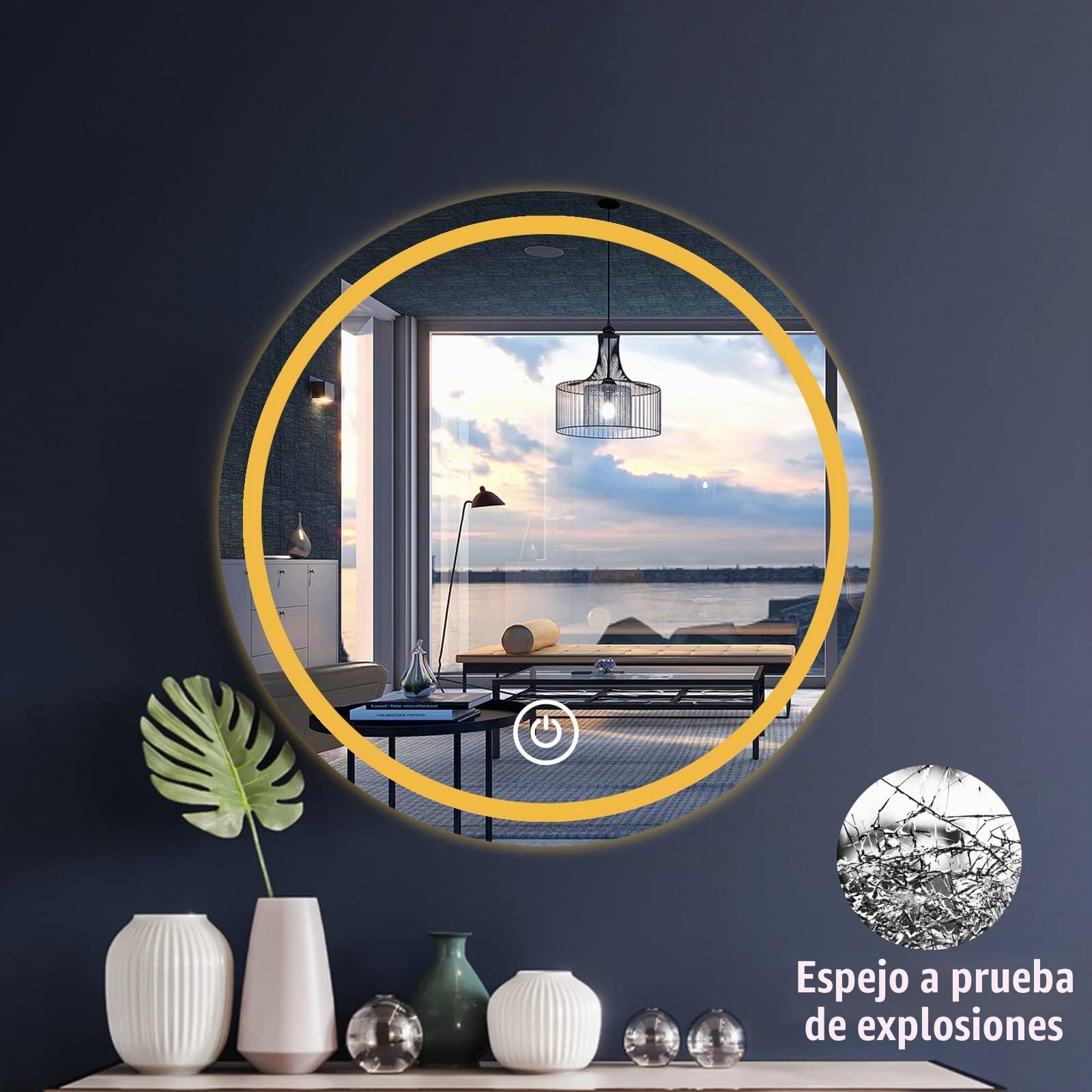 Baño Espejo Redondo con Luces Interruptor Táctil de Luz LED Tricolor (Tamaño：40CM,15.7IN)