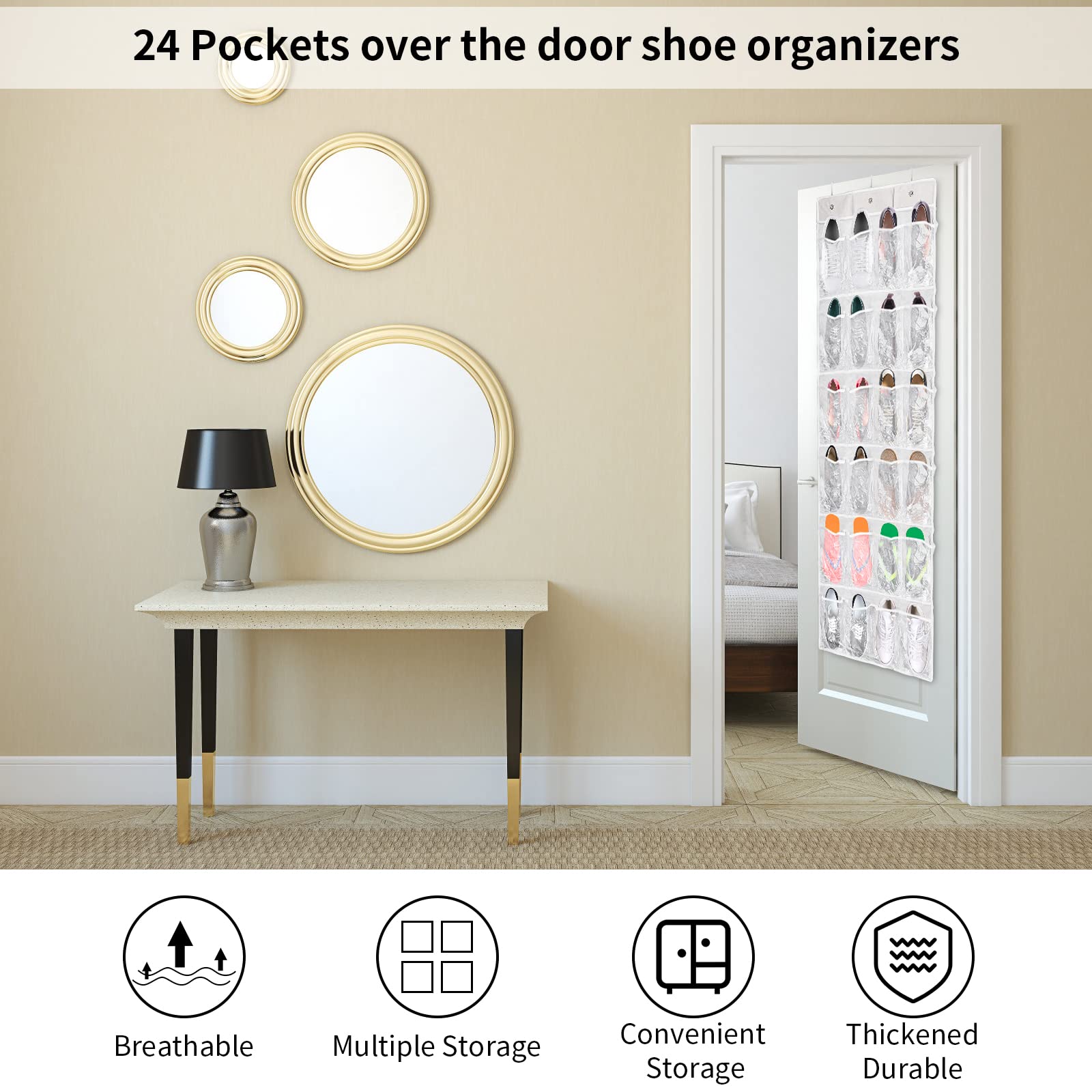 Scarpiera Pensile 24 Tasche Per Porte - Organizzatore Pieghevole Impermeabile Con 3 Ganci, 48x163cm Nero - Foto 2