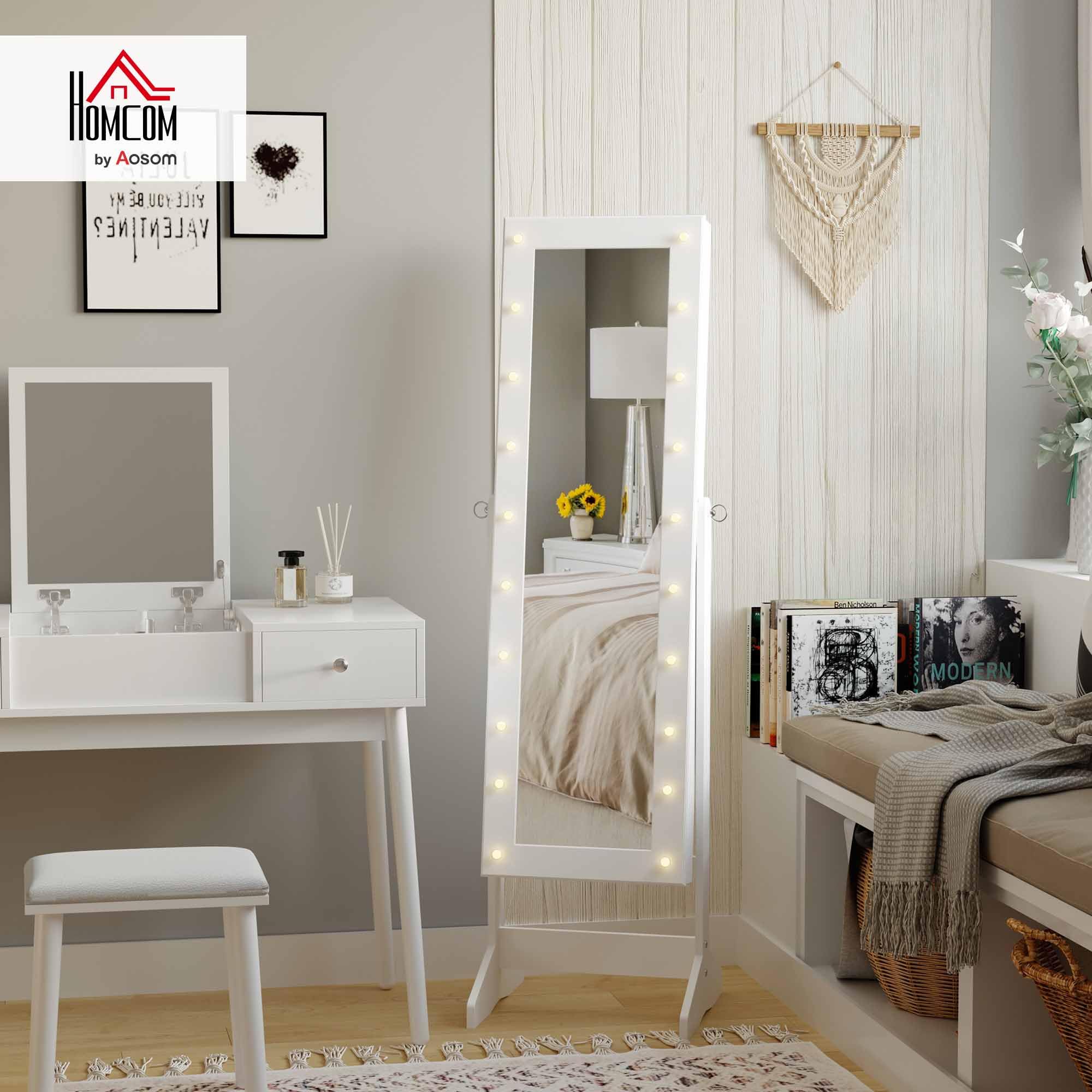 HOMCOM Espejo Joyero con 20 Luces LED Armario Joyero Reclinable con Guardajoyas Anillos Pendientes Collares Cerradura y Llaves 40x37x146 cm Blanco