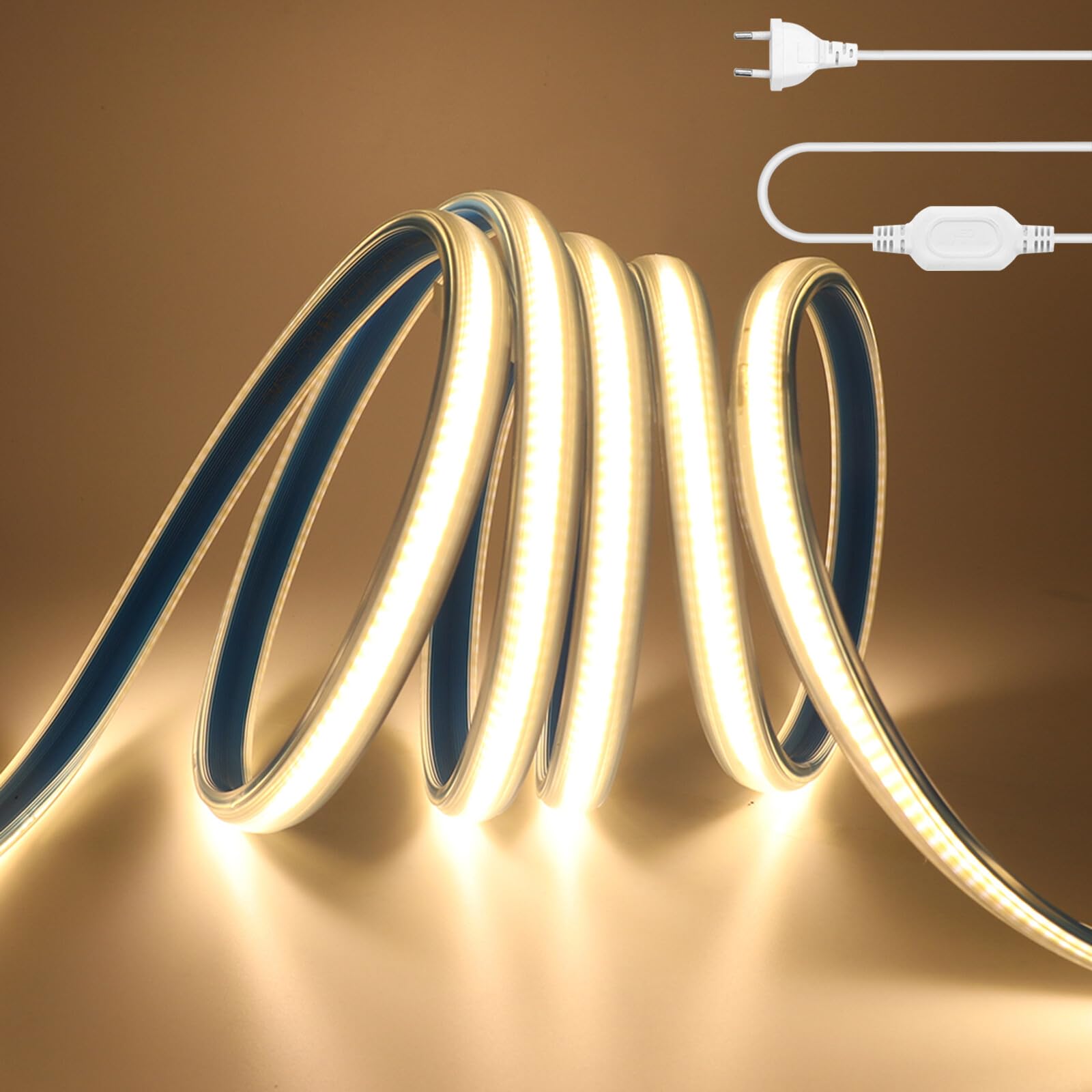 Tira LED COB 220V autoadhesiva [100M, Blanco cálido 3000-3500K], IP65 impermeable flexible, 360 LEDs/m tira LED FCOB cortable CRI85+, iluminación decorativa para hogares y tiendas