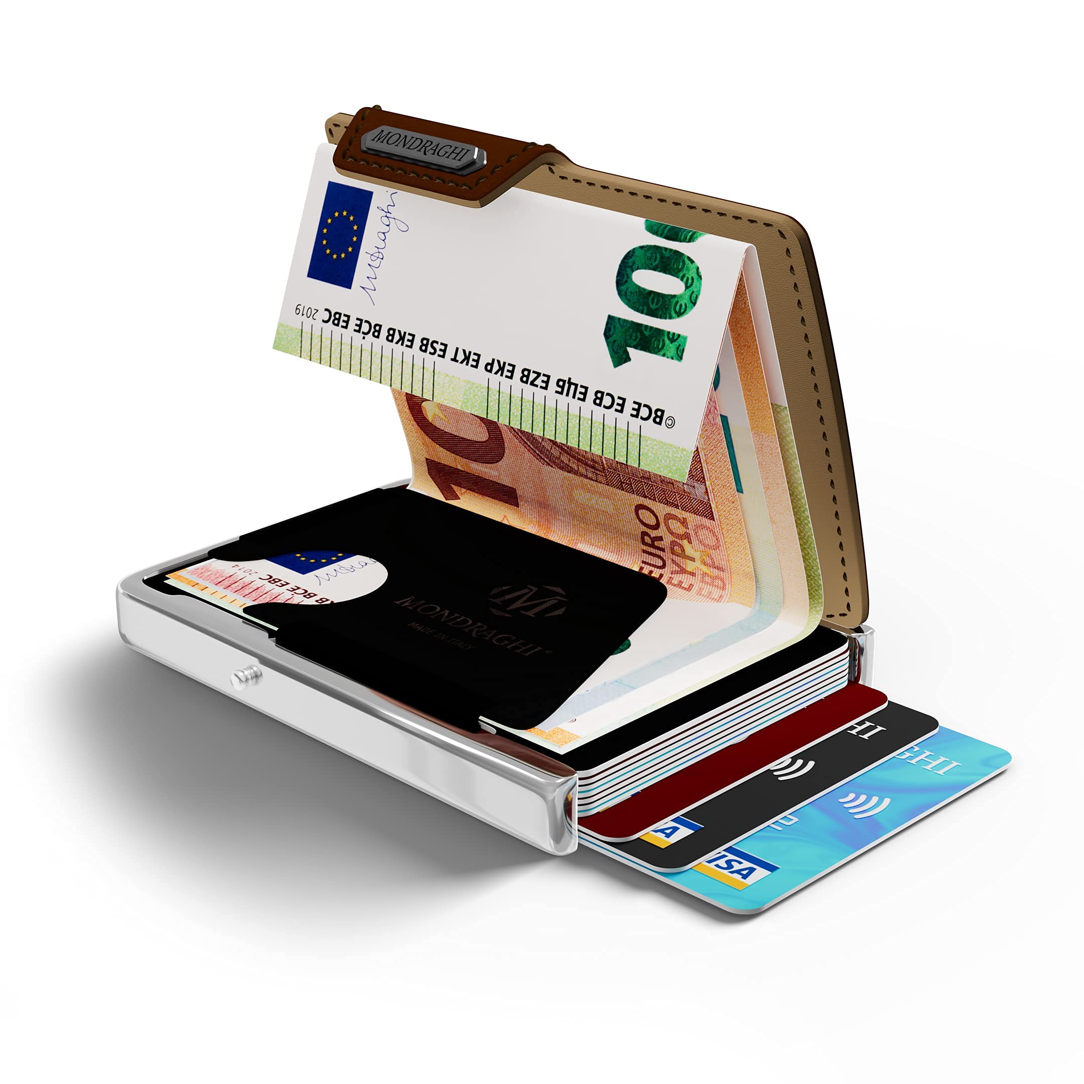 MONDRAGHI Miniwallet in Pelle Leggero e Tascabile. Portafoglio Slim per Carte di Credito Banconote Tessere e Documenti ELEGANCE Brown per Uomo e Donna