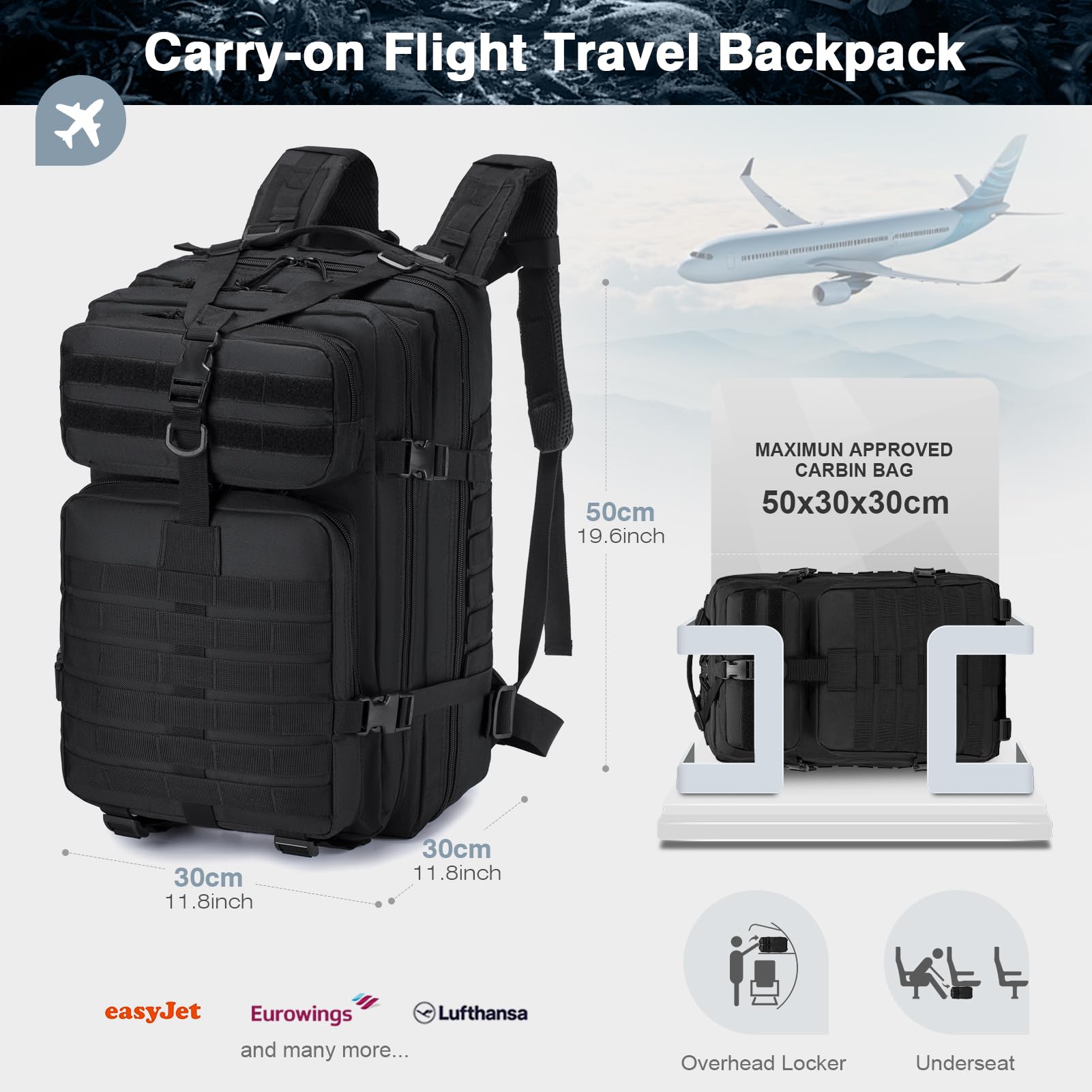 SPAHER 45L Sacs à Dos Tactique Militaire Armée Sac de Randonnée Trekking Survie Voyage Molle Étanche avec Une Housse Imperméable, Noir
