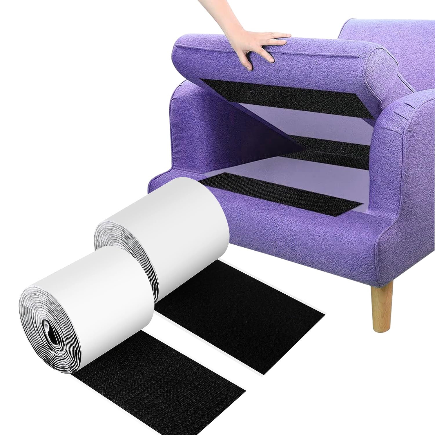 KEAGAN Non Slip Cushion Pad,2 PCS Rolled Anti-Slip Couch Cushion Gripper to Stop Sofa Mattress Cushions Slipping,Self-adhesive Hook Loop Tape for Underlay Couch Pad(10CM x 3M, Black)