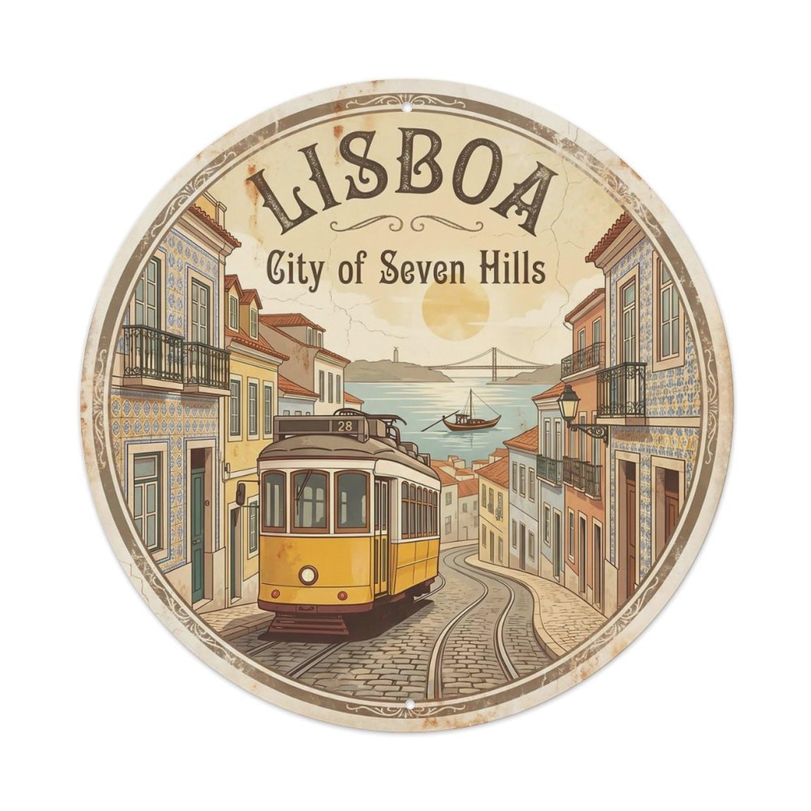 Lisbon European Tram Hilltop Classic Europe Destination Metal Tin Sign Plaque Wall Decor for Cafe, Man Cave, Club Bar, Office, Home Garden Round Metal Poster 8x8Inch