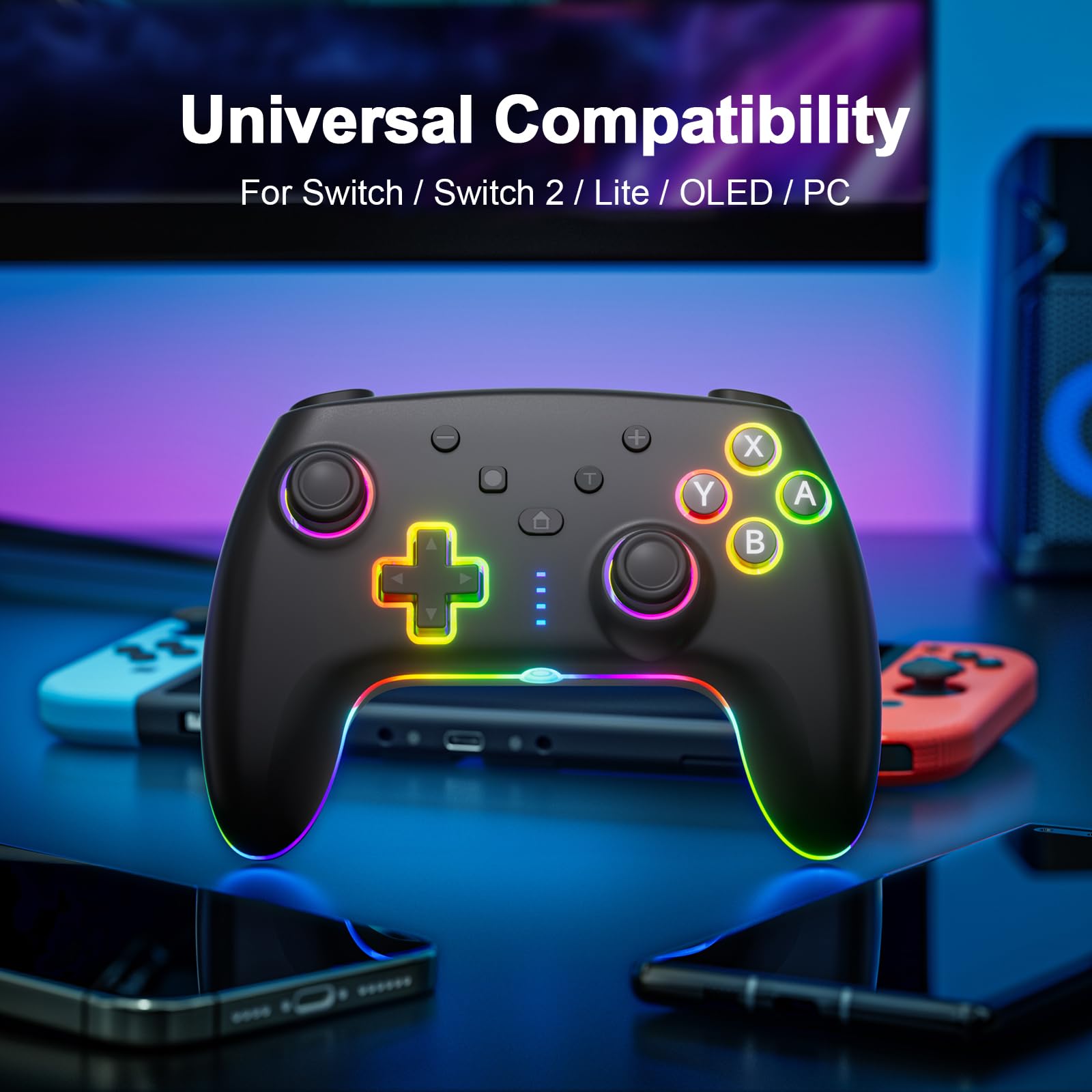Controller Wireless per Switch/Switch 2/Lite/OLED/PC, Controllore Switch Pro con illuminazione RGB 7 Colori Cangianti/Grilletto Effect Hall/Doppia Vibrazione/Turbo, Joystick Ergonomico Preciso