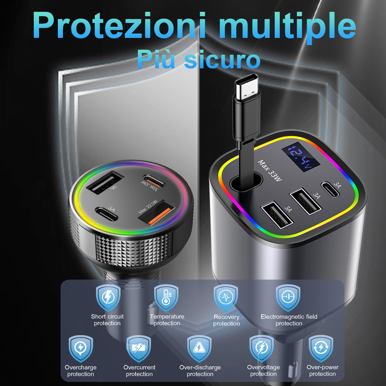 Caricatore Auto Accendisigari USB C (2pez), AGEMANY 4in1 Retrattile Caricatore con Cavo per Auto Cellulare & 4 Ports Rapido Caricatore Accendisigari Auto per iPhone Android, Auto Accessori 12V