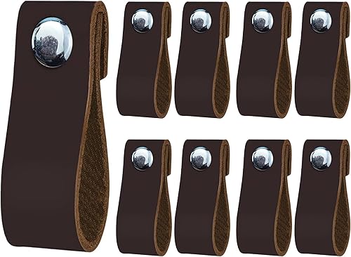 Tiradores de cuero para cajones, 8 pomos de cuero hechos a mano Geniune para gabinetes, puertas y cajones (marrón chocolate)