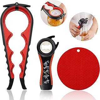 Jar Opener for Weak Hands, Easy Twist Jar Opener For Seniors with Arthritis, 5 in 1 Multi Function Bottle Opener Lid Opener For Arthritic Hands with Non Slip Rubber Jar Gripper Pad(3-piece set, Red)