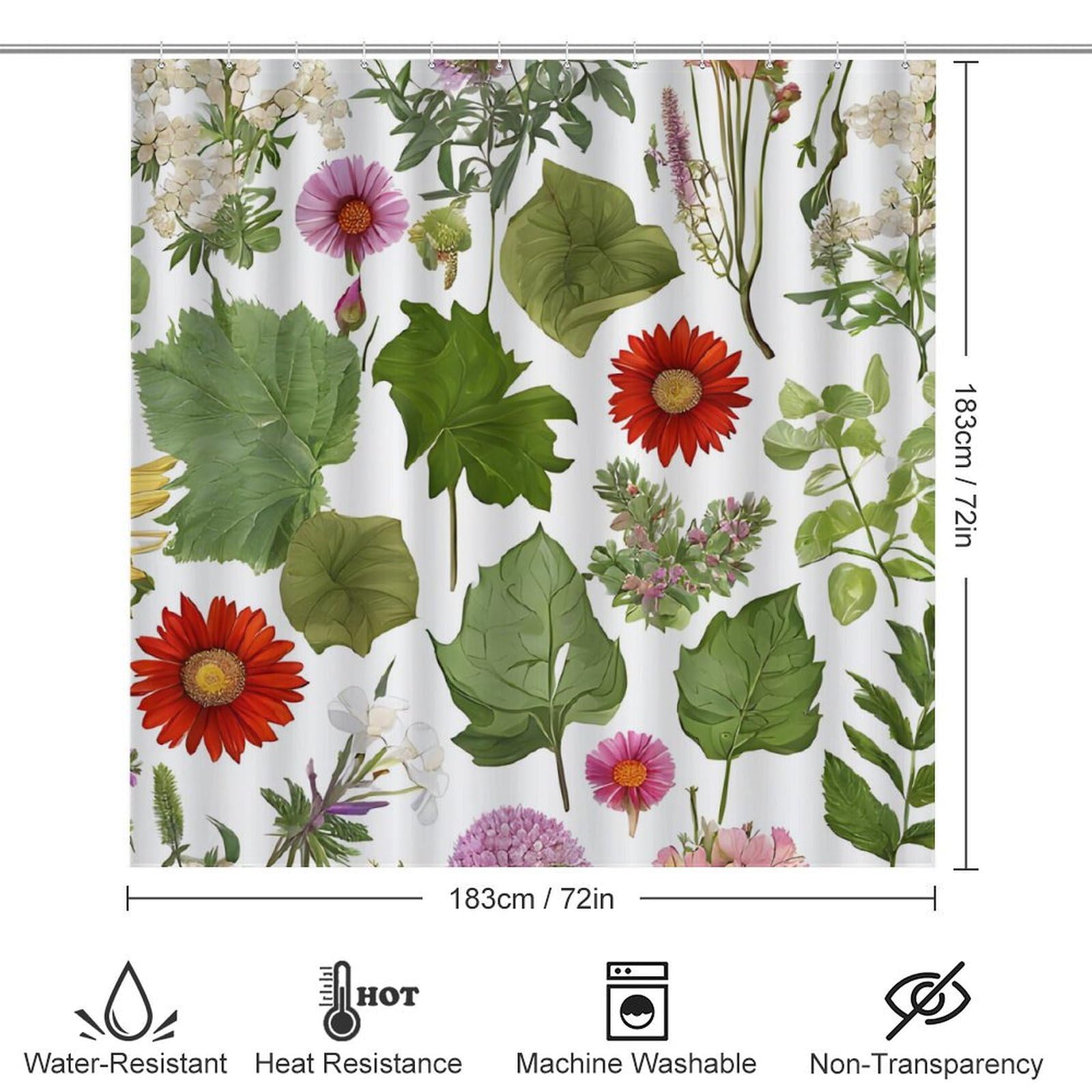 Tropical Flower Leaf Parrot Print Four Piece Bathroom Set 183 * 183cm Shower Curtain, Non-Slip Floor Mats, U-Shaped Mat, and Toilet Lid Cover