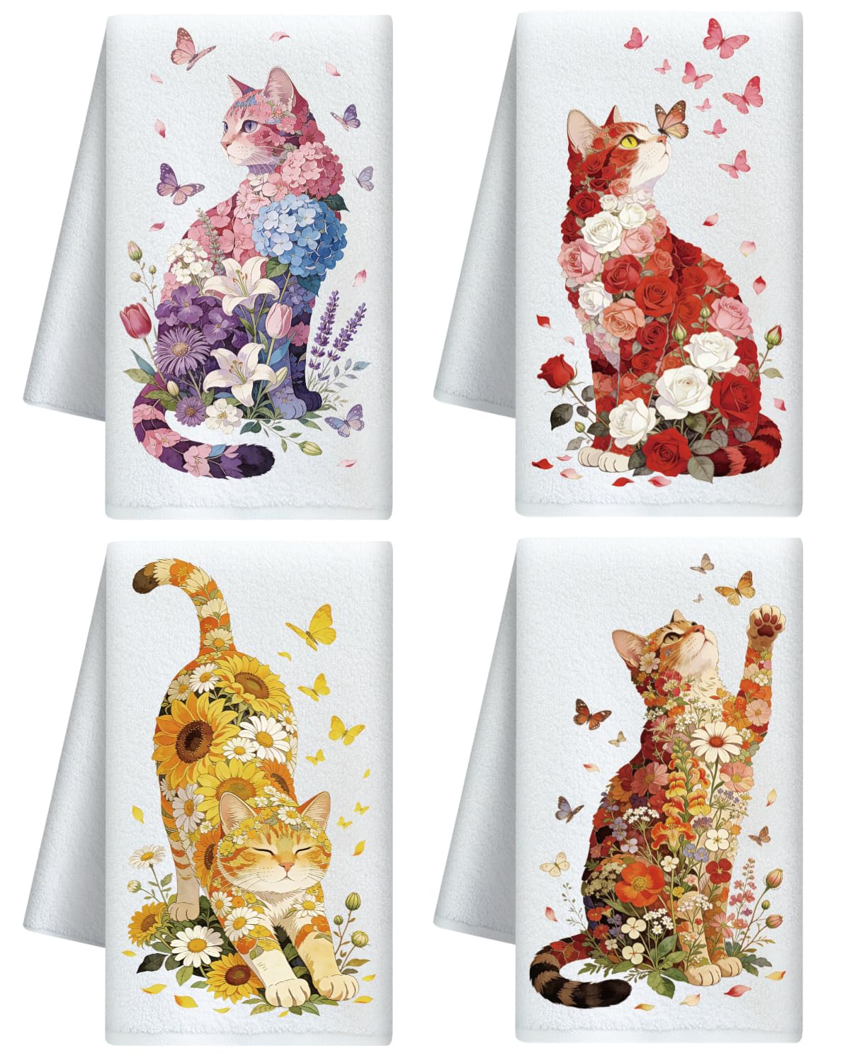 CUTHOLLOW Colorful Cats and Flowers Tea Towels Set of 4, 60x40cm Soft Absorbent Microfiber Dish Towel for Kitchen Tea Coffee Bar, Best Gift for Cat Lover Mother's Day Housewarming Christmas Birthday