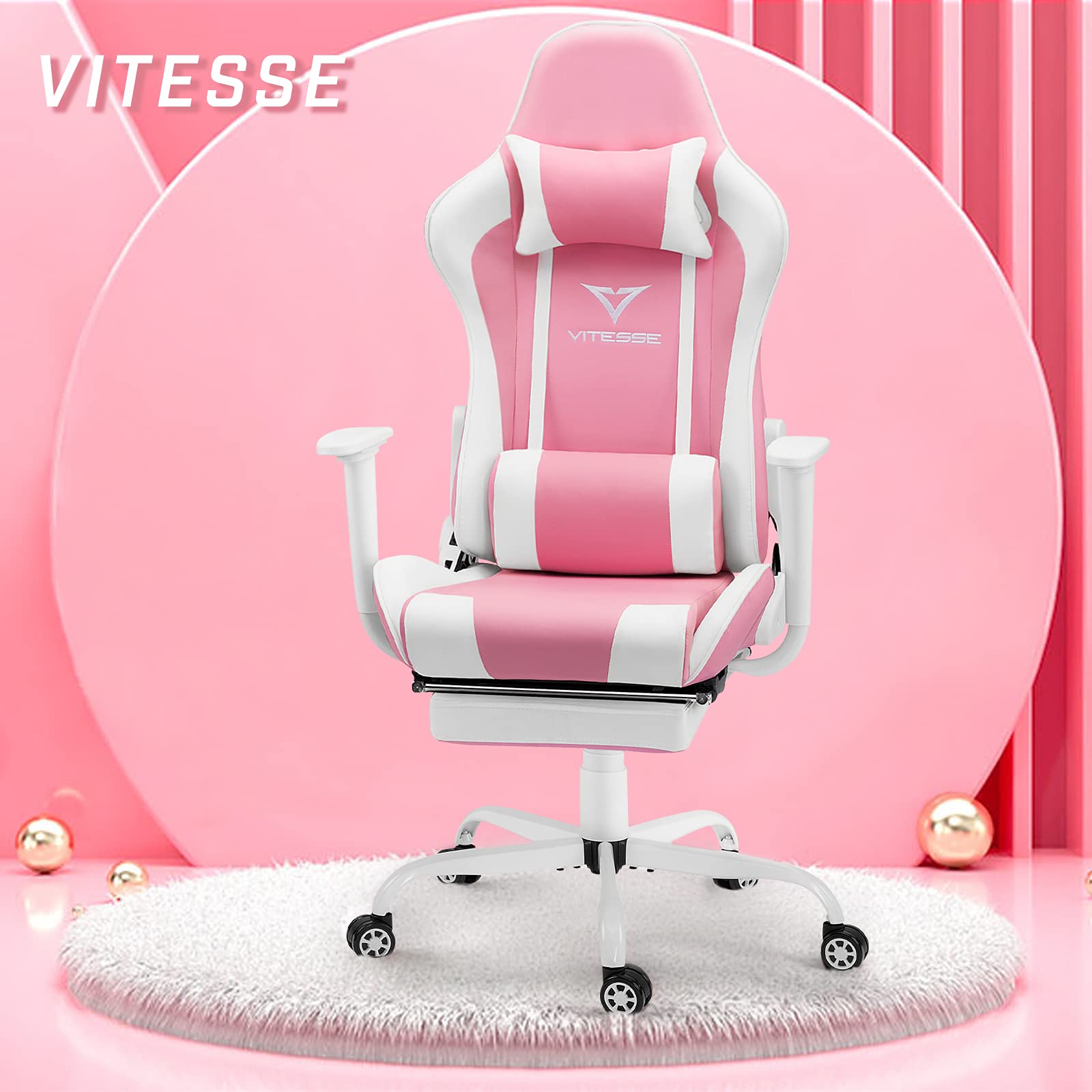 Vitesse Pink Gaming Chair with Footrest Cute Kawaii Gaming Chair for