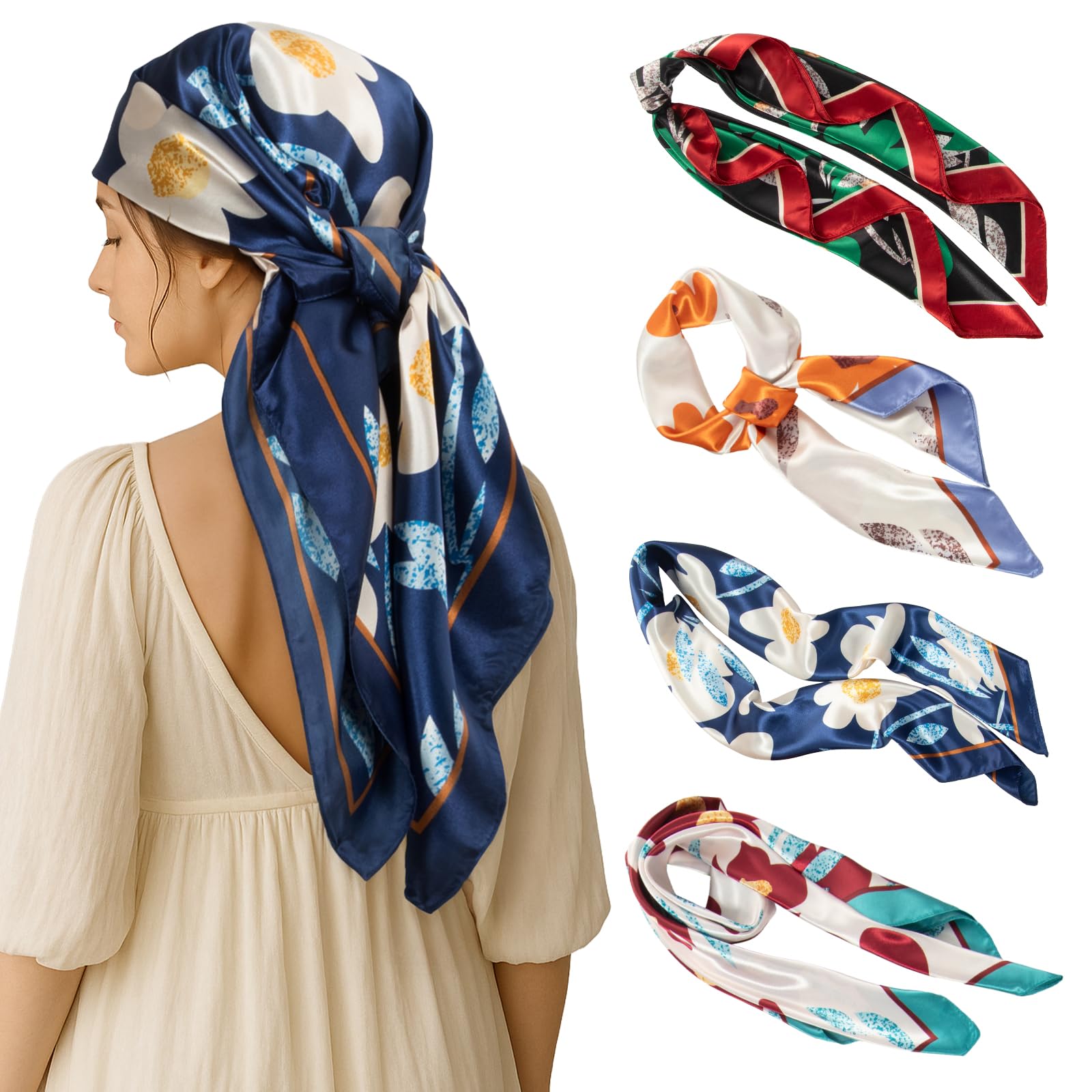 RIIQIICHY 35 Inch Head Scarf for Women Like Silk Scarf Hair Scarf - 4 PCS Square Scarf Bandanas for Women