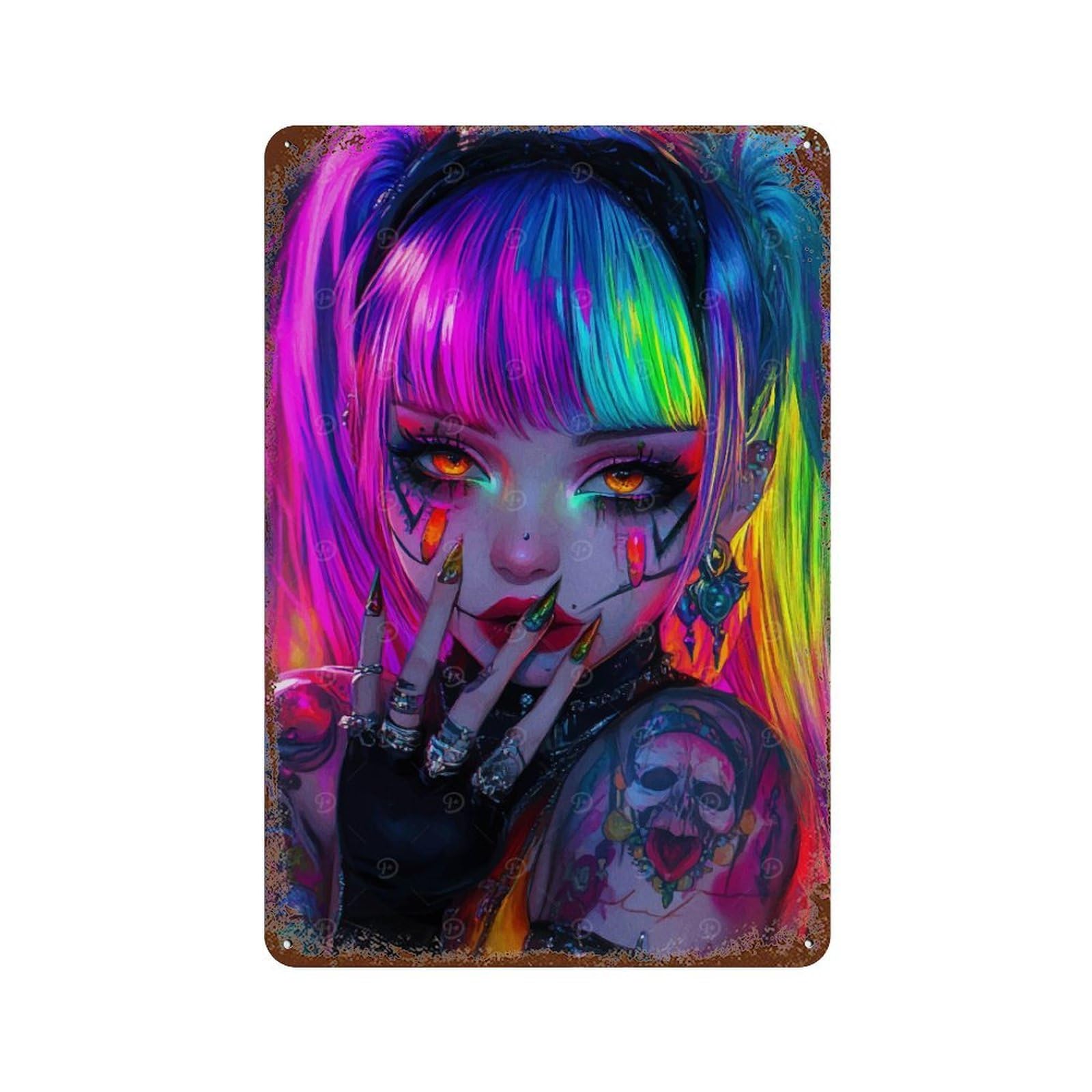 Neon Anime Girl Vintage Metal Tin Sign 11.8"x7.9", Ideal for Living Room, Hallway And Home Decor