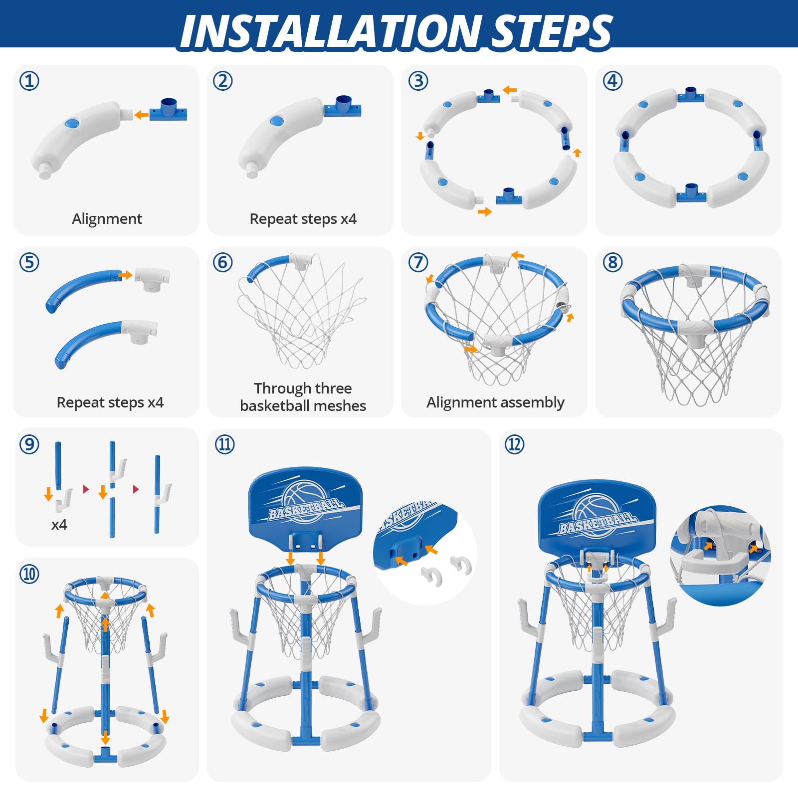 HYES Panier de Basket Flottant pour Piscine, Pool Basketball Hoop, Jouets de Piscine avec 4 Boules 8 Anneaux, Jeu de Basket d'eau en Plein air Intérieur pour Garçons Filles Enfants Adulte, Bleu