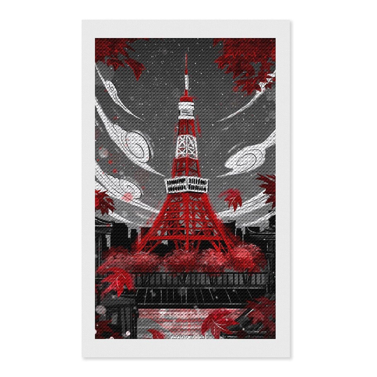 Junmoney Tokyo Tower in Red and Gray Diamond Painting Canvas Set 12"x20", for Beginners, Complete Accessories, Christmas Gift, Modern Decor