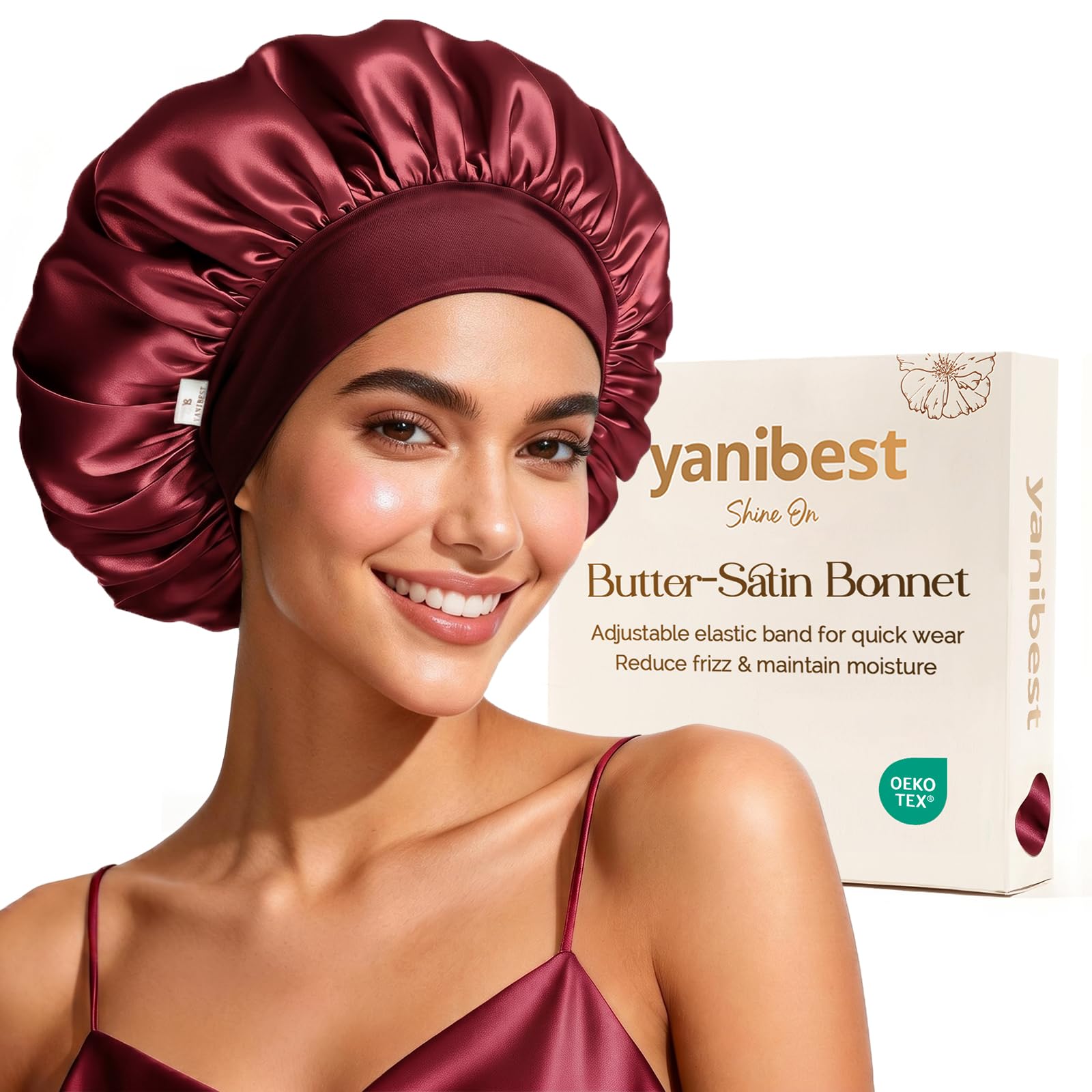 Yanibest Women's Burgundy Silk Bonnet For Sleeping Double Layer Hair Satin Bonnets With Elastic Band, Sleep Cap Curly Natural Hair