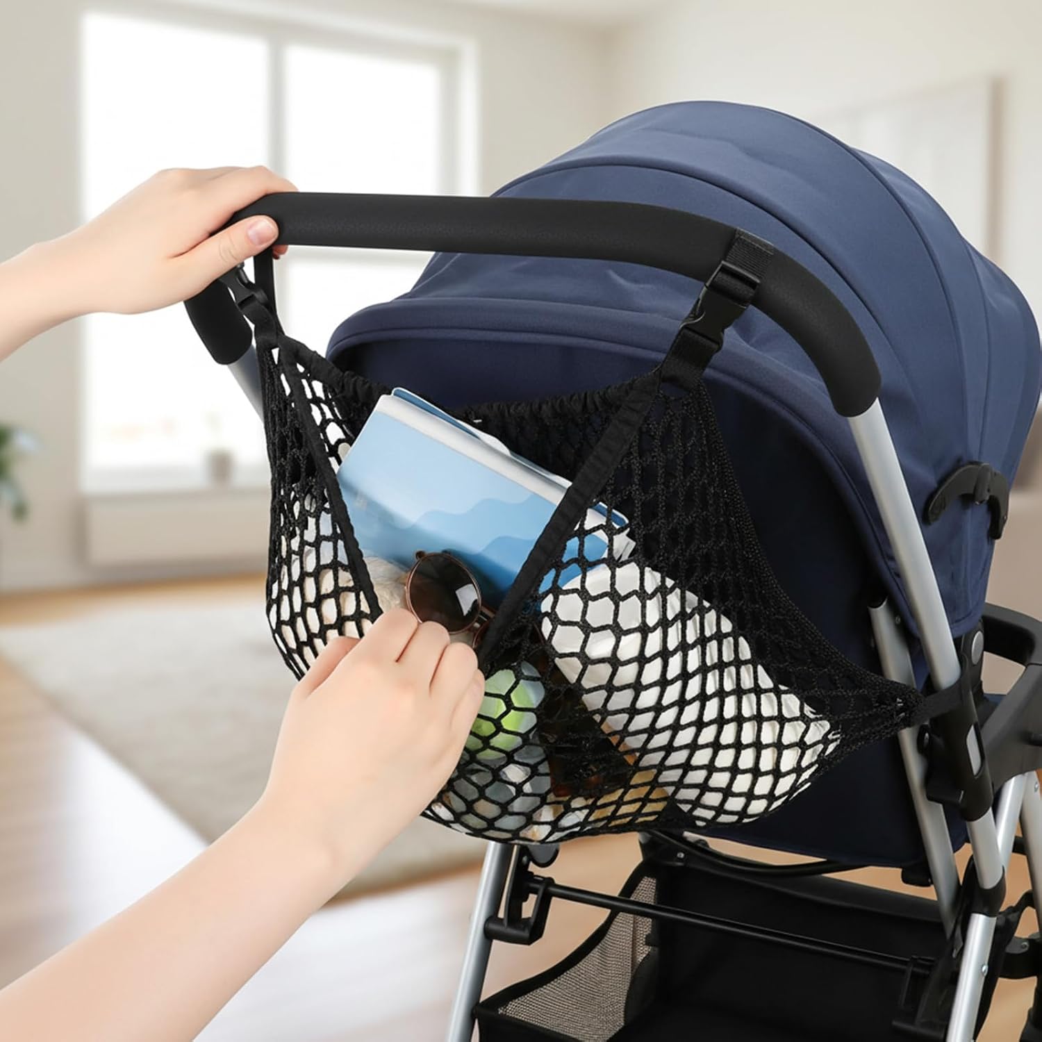 Non-Slip and Adjustable Polyester Net Mesh Stroller Organizer Bag, Universal Stroller Organizer, Extra Large Space, for Uppababy, Nuna, Britax, Doona Strollers, Cargo Net Storage Caddy Accessories