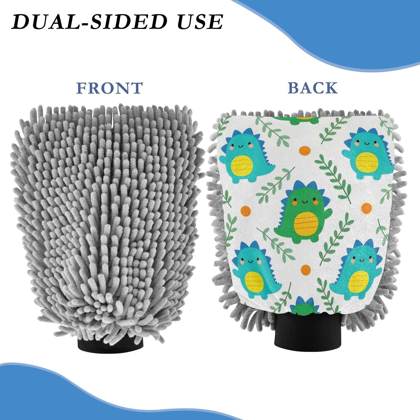 ALAZA Cute Dinosaurs Dino Cartoon Car Wash Mitt Scratch Free, 2 Pack Absorbent Microfiber/Chenille Washing & Drying Mitts, L