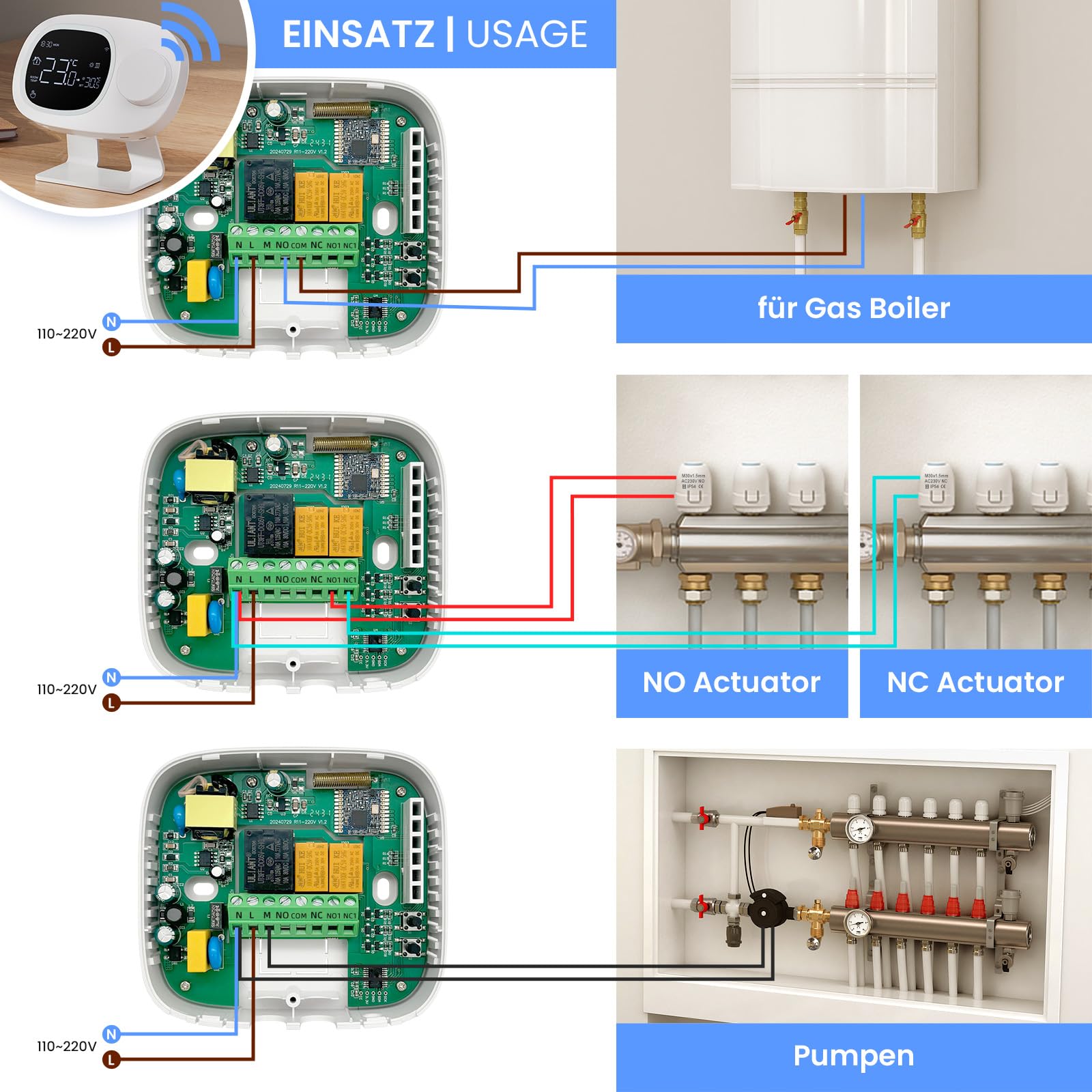 MIUCDA Funk-Raumthermostat mit Empfänger RF Smart Wi-Fi Thermostat Gas Boiler Programmierbarer Heizungsthermostat für Wasserboiler Gasheizkessel mit Alexa Google Home