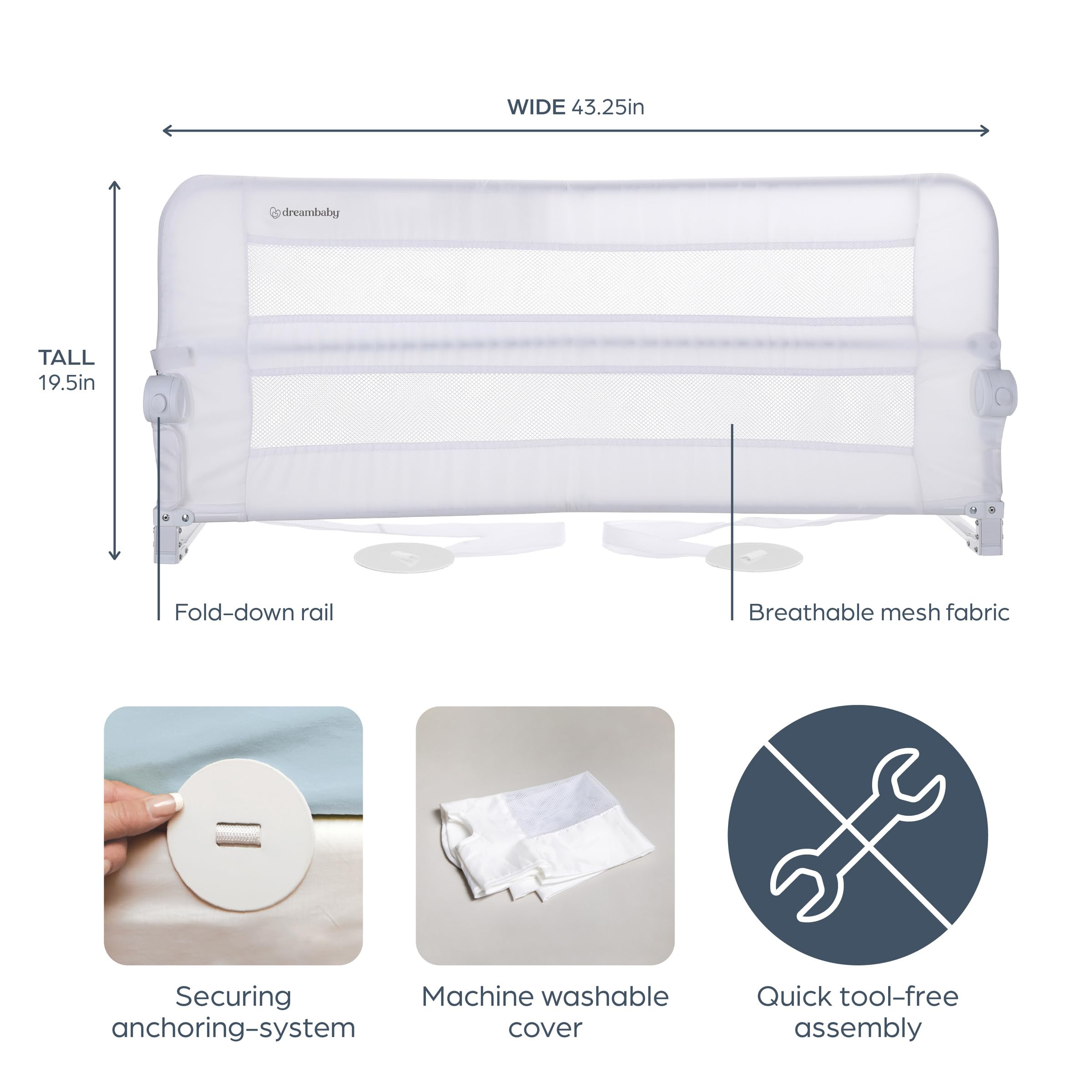 Dreambaby Dallas Barrière de lit Pliable – Barrière de lit pour Enfant avec ancrages de sécurité, barrière de lit basculante – Convient aux Matelas Jumeaux, complets et Grands – 109,9 cm de Long et
