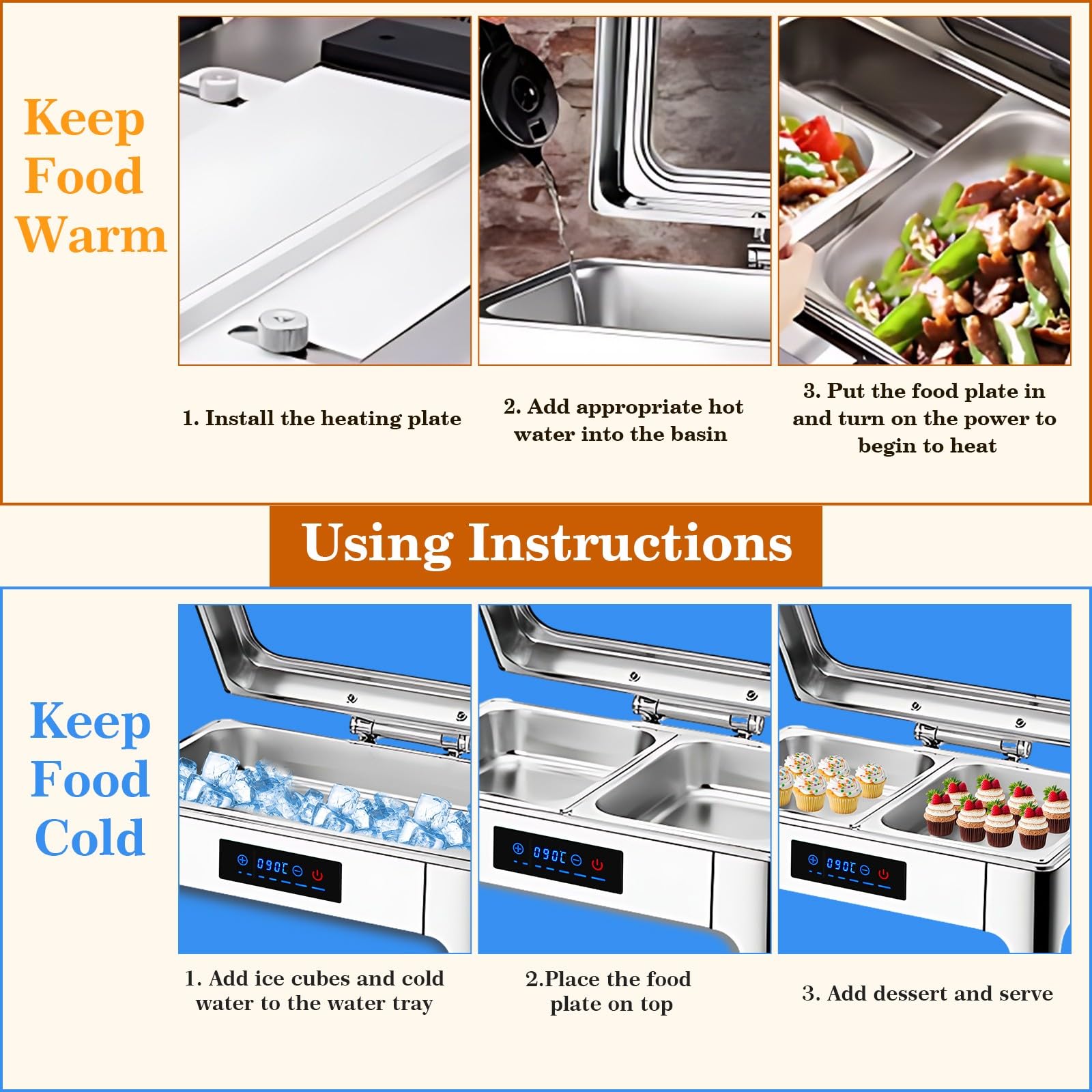 Chafing Dish Elettrico, 9L Scaldavivande Elettrico per Buffet Acciaio Inox, Chafing Dish Buffet Elettrico Temperatura Regolabile con Coperchio in Vetro Trasparente per Buffet(B, 1/3 Pan)