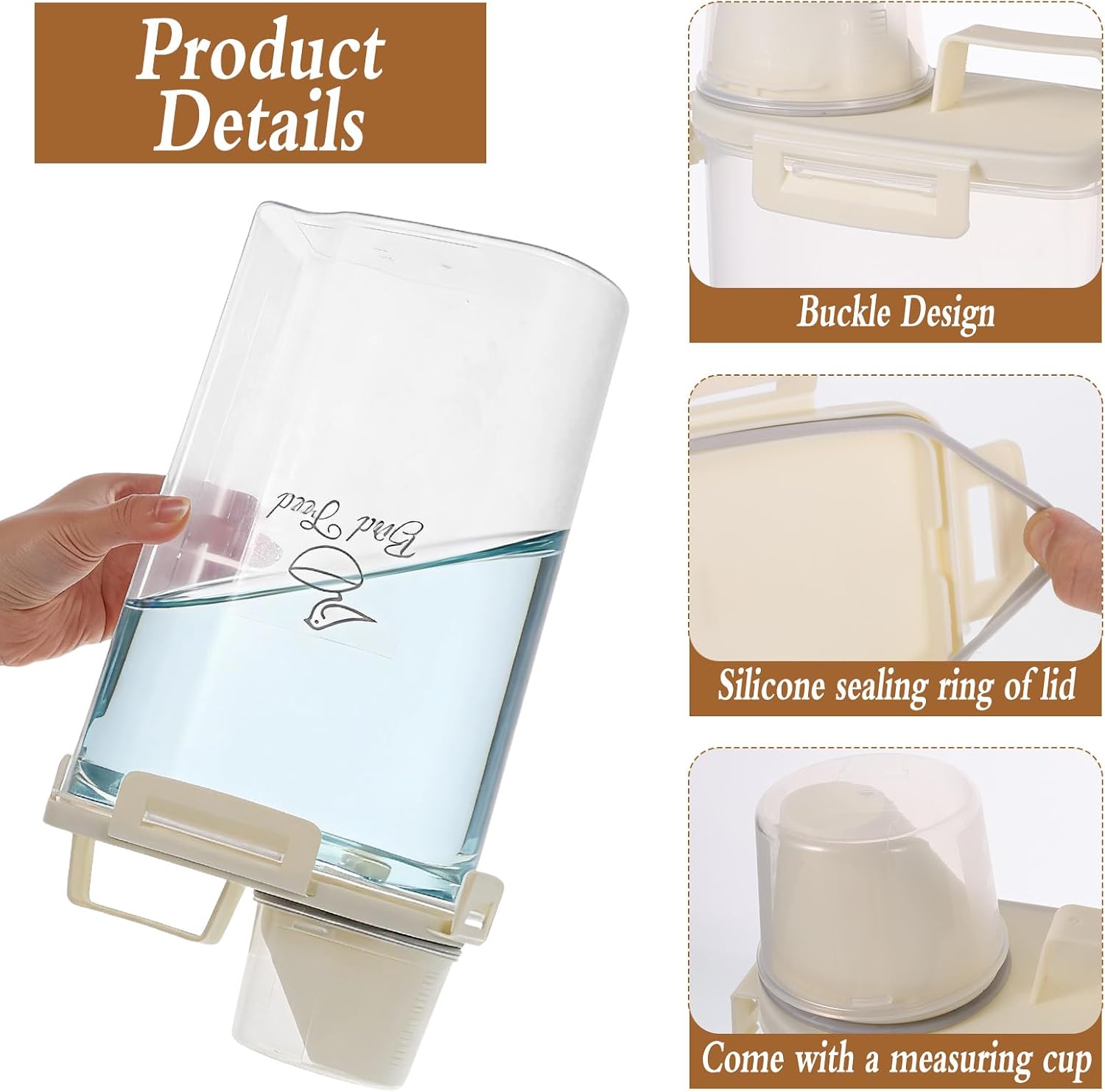 2 Pcs 3.17 Qt/3 L Bird Seed Storage Container Airtight- Portable Bird Food Container with Airtight Measuring Cup, Clear Pet Parrot Seed Dispenser for Birds Food Chicken Feed Storage, Beige Lid image 4