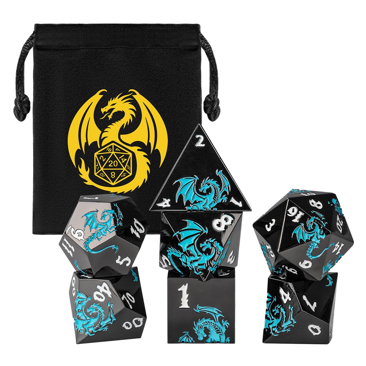 Metal Dice Set, Flat Face Black Blue Dragon Pattern, 7pcs Polyhedral Metal DND Dice Set, DND Starter Set, D&D Gifts with Gift Bag, Role Playing Board Games Accessories, Black