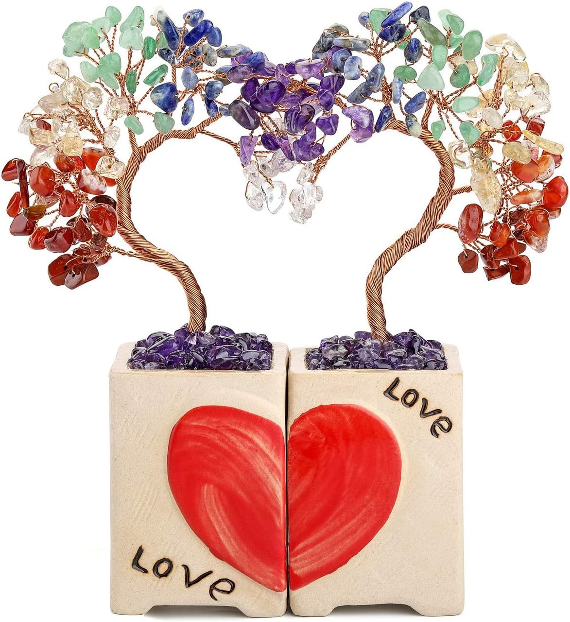 PESOENTH Healing Crystals Money Tree Feng Shui Wealth Ornament Copper Tree of Life Clear Quartz Crystal Base Reiki Office Living Room Table Decoration Good Luck Health Figurine Gift (7 Chakra)
