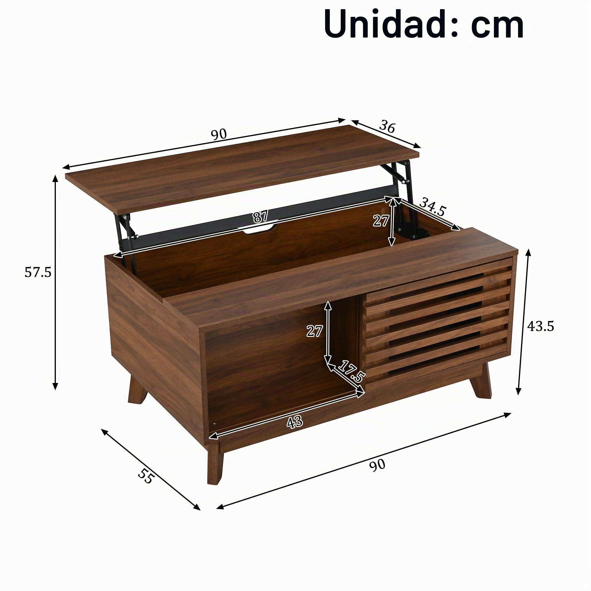 SACOOL Mesa de centro moderna retro, altura ajustable, puerta corredera, efecto nogal, cuerpo de MDF, mesa de salón multifuncional, nogal
