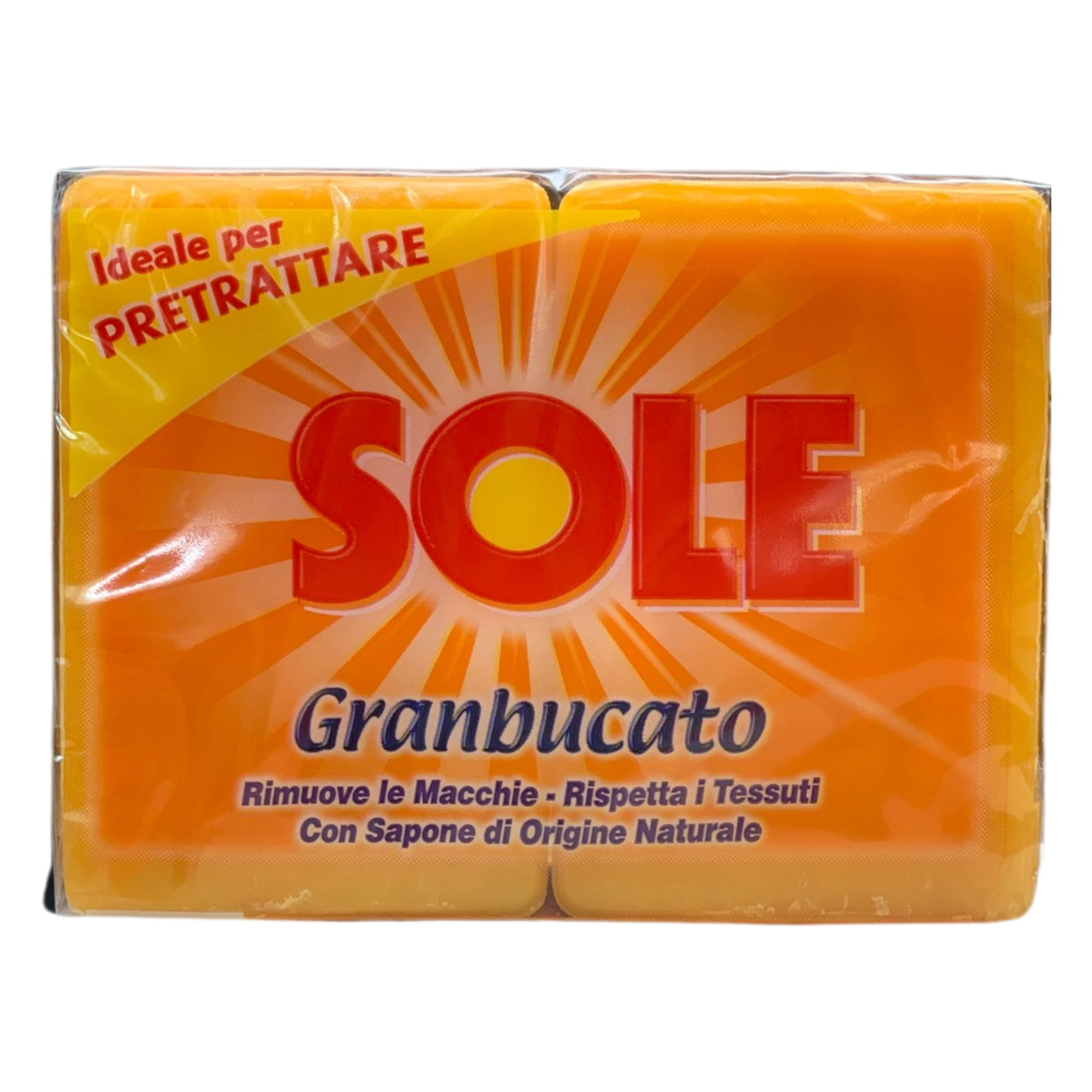 Sapone Sole GRANBUCATO, Ottimo Per Prettattare, Rimuove Le macchie, Rispetta i Tessuti, Con Sapone Di Origine Naturale 500g (4 Unità)