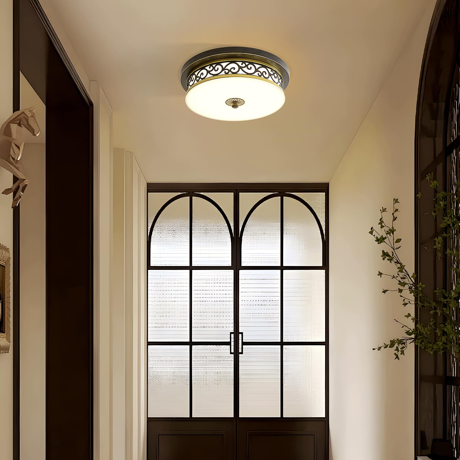 Deckenlampe Wohnzimmer Vintage Rund,Ø50*H10cm Groß Eisen-Glas Base Deckenleuchte Schwarz,Villa Dreifarbig Dimmbar mit Fernbedienung LED Deckenlampe Schlafzimmer,Küchen,Esszimmerlampe Decke.