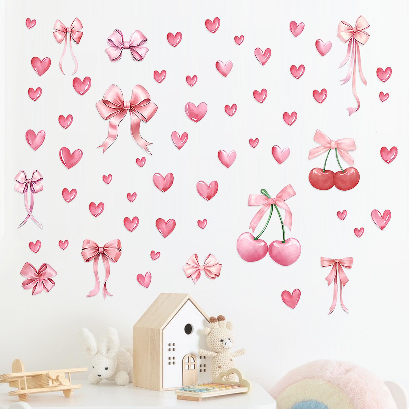 36 Pcs Pink Heart Wall Stickers - 4 Sheets Removable & Repositionable Vinyl Decals with Bows & Cherries for Girls Bedroom, Nursery, Living Room Decor - Easy to Apply, Cute Wall Art for Home DIY