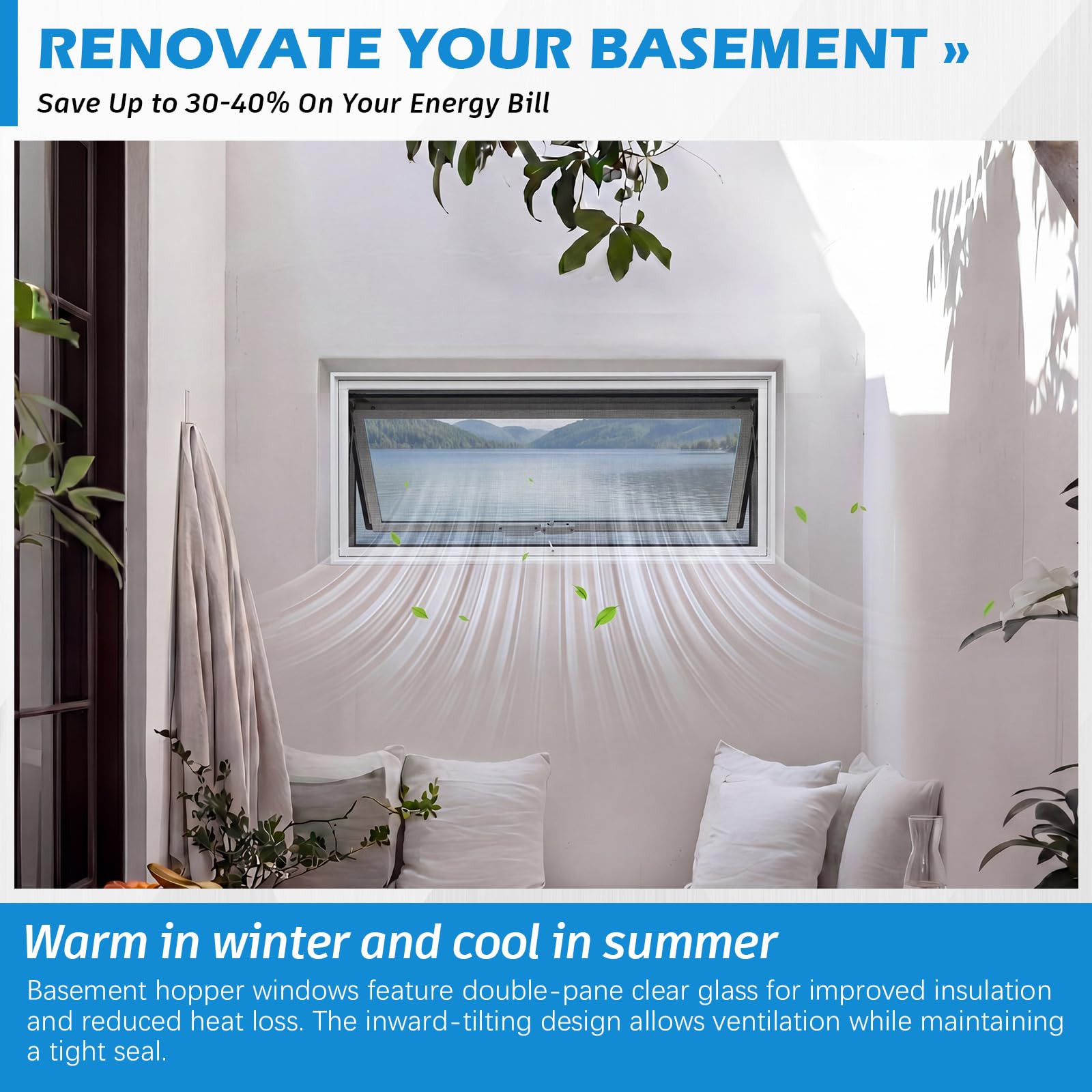 CroBlissful 1 ventana de sótano pequeña de vinilo blanco de 32 x 14 pulgadas, ventana de cobertizo, ventana de casa móvil con pantalla de doble acristalamiento para cabañas de bloque de vidrio, casa