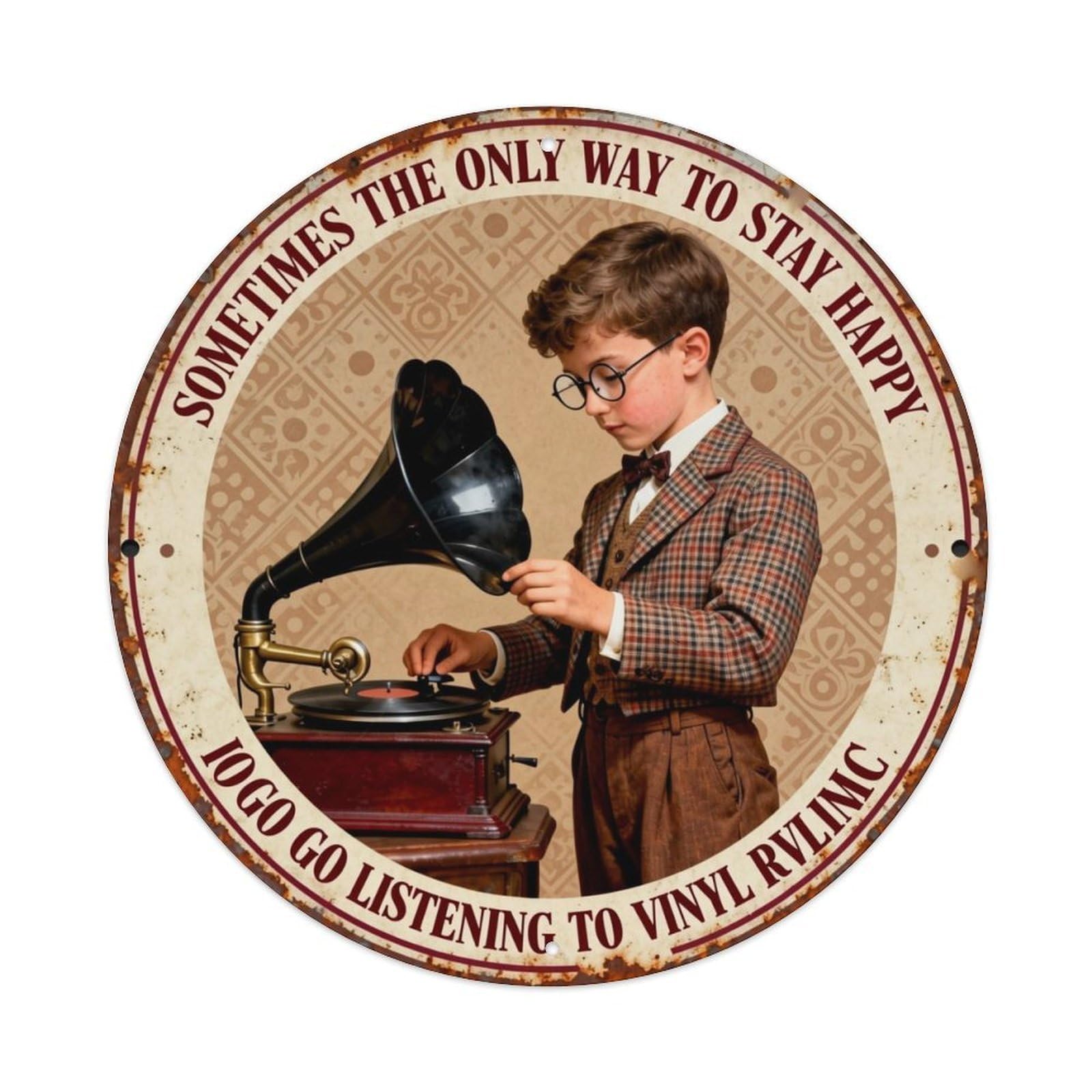 Vintage Boy Listening To Vinyl Tin Sign Metal Poster Vintage Metal Signs for Home Man Cave Bar Cafe Kitchen laundry room Wall Decorations 8x8 inches