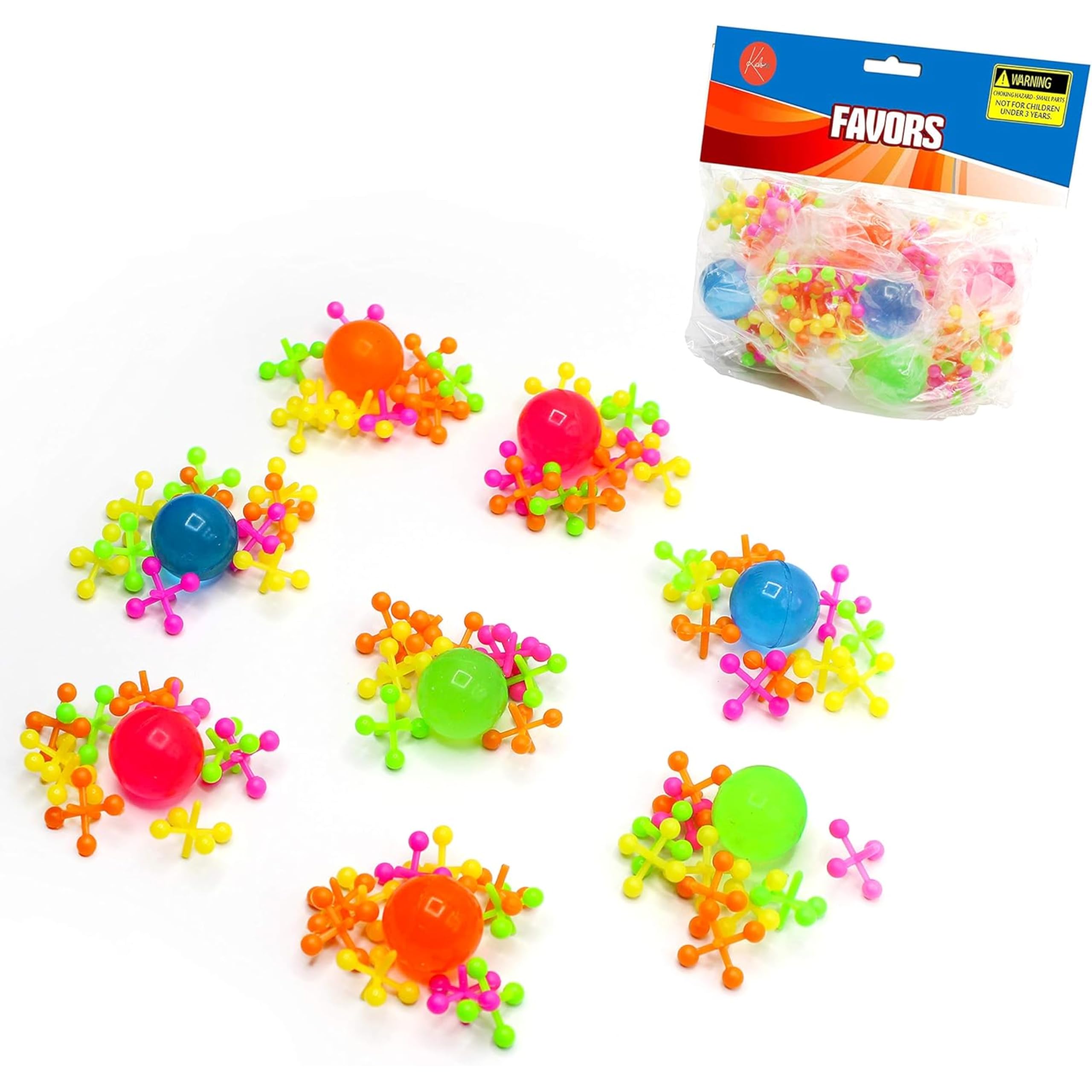 Kicko Plastic Jacks Set Jacks Game - Assorted Neon Colors - Pack of 16-10 Jacks and 1 Ball Per Pack, Jacks and Balls are 1 Inch, Classic Game Set - for Kids, Party Favors, Fun, Toy,