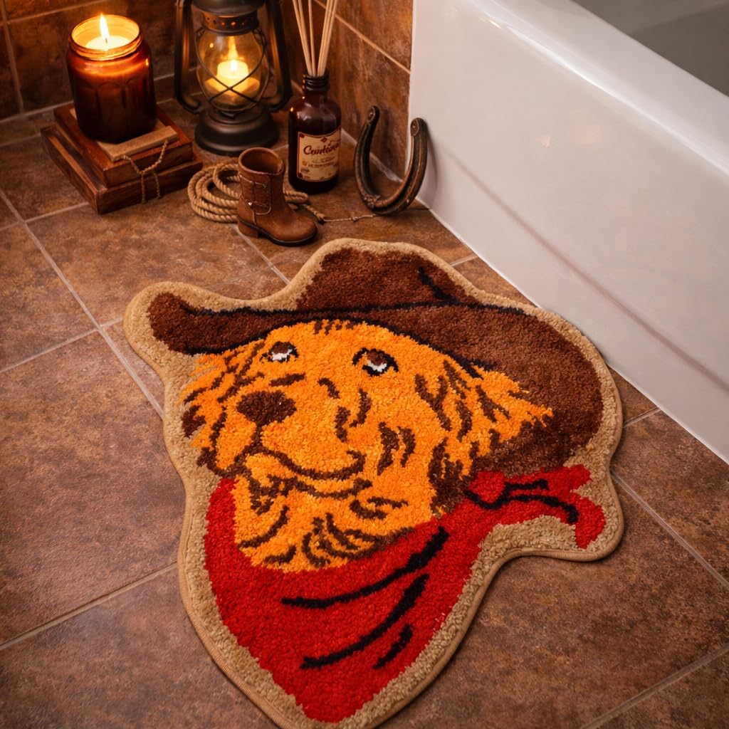 Percozzi Cat Bath Rug Funny Western Bath Mat Non Slip Washable Floor Mat with Western Cat Design Soft Tufted Plush Doormat for Bathroom Bedroom Room Indoor Gift for Pet Owner