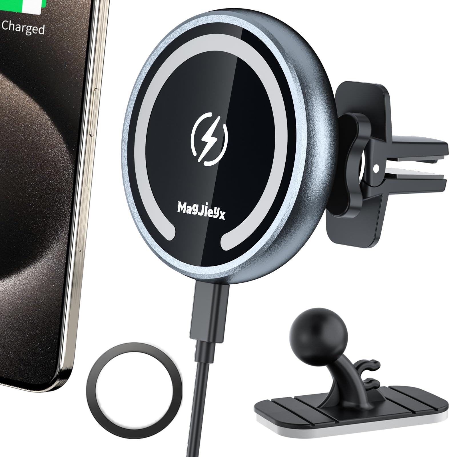 MAGJIEYX 15W Caricatore Wireless Auto, Ricarica Rapida Wireless Compatibile con iPhone 16,15,14,13,12,Pro Max,Mini, per Bocchetta Aria/Cruscotto Supporto Telefono Auto Gris