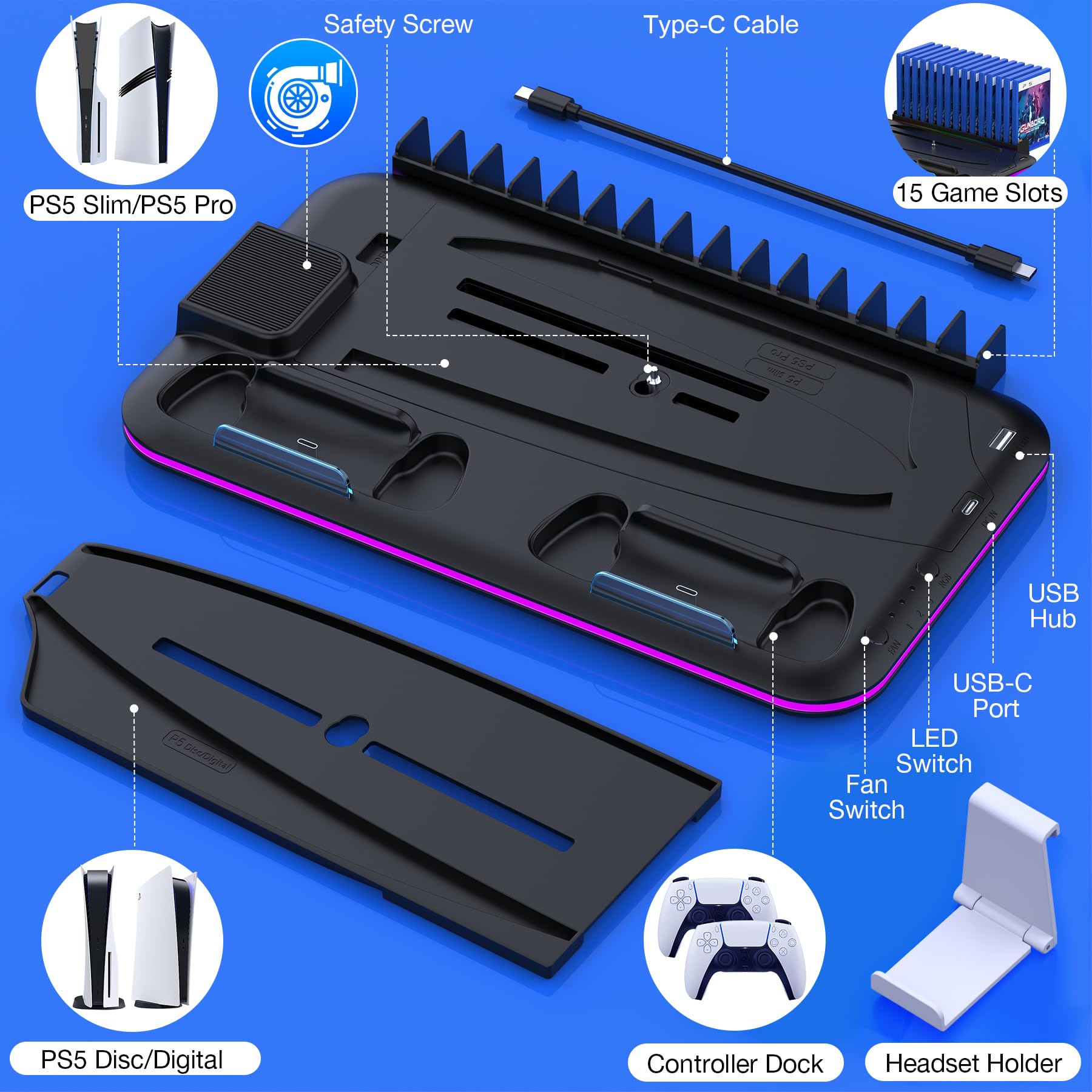 Supporto sottile per PS5 con stazione di raffreddamento e stazione di ricarica per console PS5 Slim/digitale, ventola di raffreddamento PS5, LED RGB, supporto per cuffie, 15 slot per giochi per