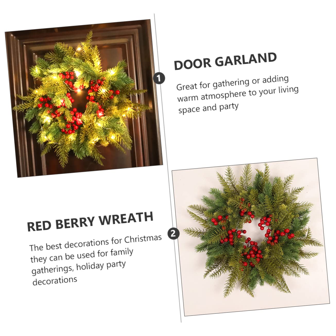 Cabilock 2 Piezas de Navidad Planta de Navidad Guirnalda Decoración navideña Coronas navideñas Christmas Garland de Frutos Rojos Colgante de Anillo de plástico Green