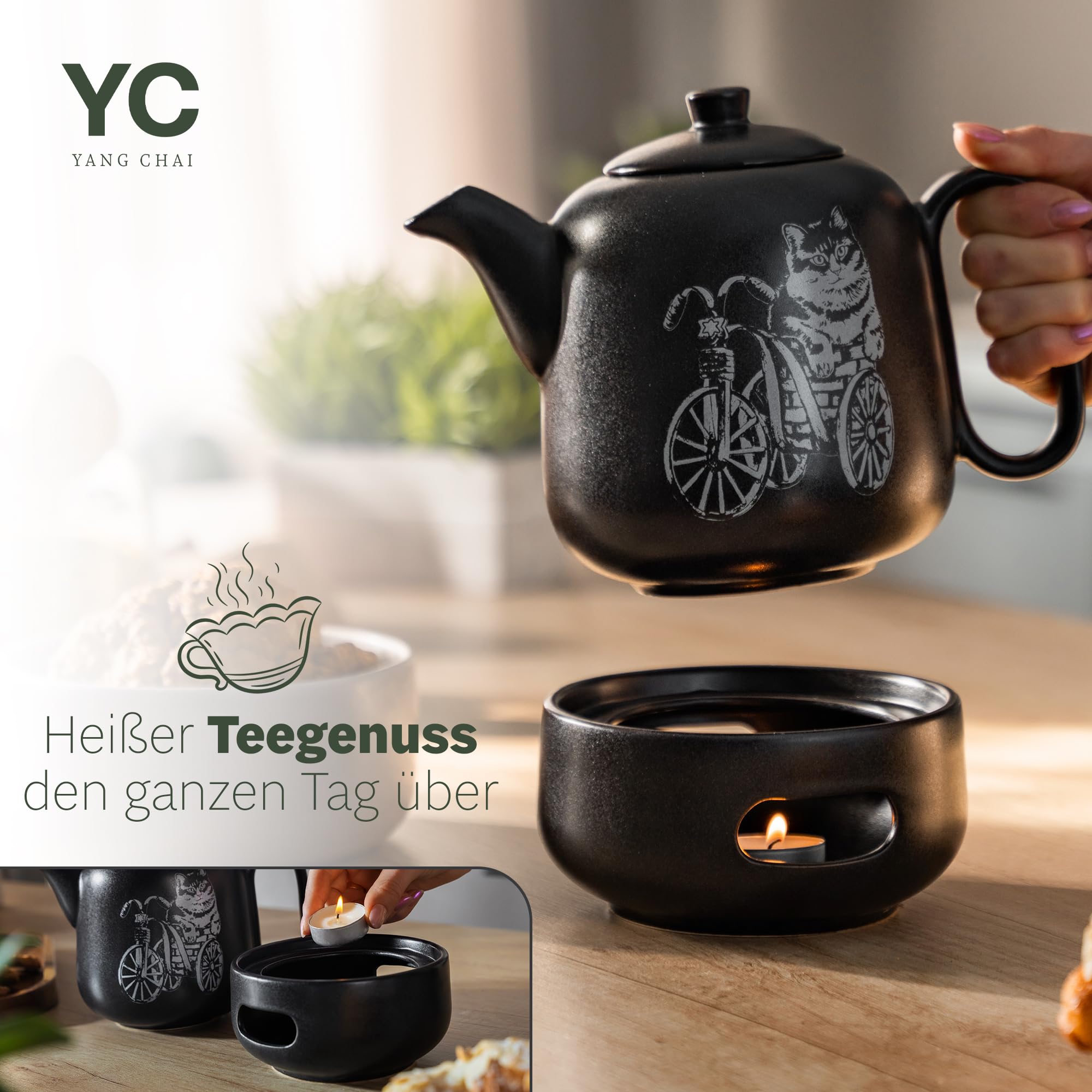 YC Yang Chai Teekanne mit Stövchen - Keramik Schwarz Matt 1.3L - Teekanne mit Siebeinsatz - Tropffrei & Hitzebeständig - Handgefertigte Keramik Tee Kanne - langanhaltende Wärme - YC GATOLO