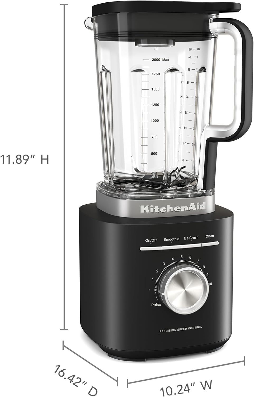 KitchenAid Pure Power Blender KSB2072BM with dimensions labeled