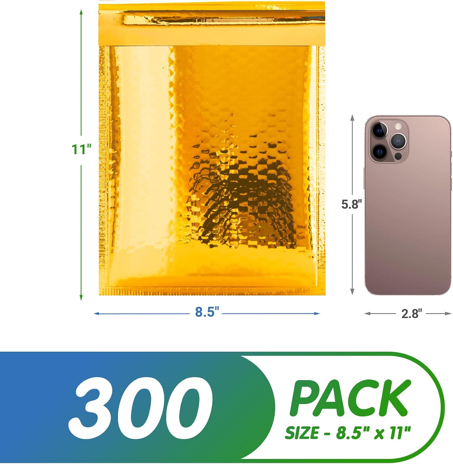 Glamour Metallic Bubble Mailers 8.5 x 11 Inches Gold, 300 Pack Padded Envelopes for Shipping, Mailing, Packaging Protection