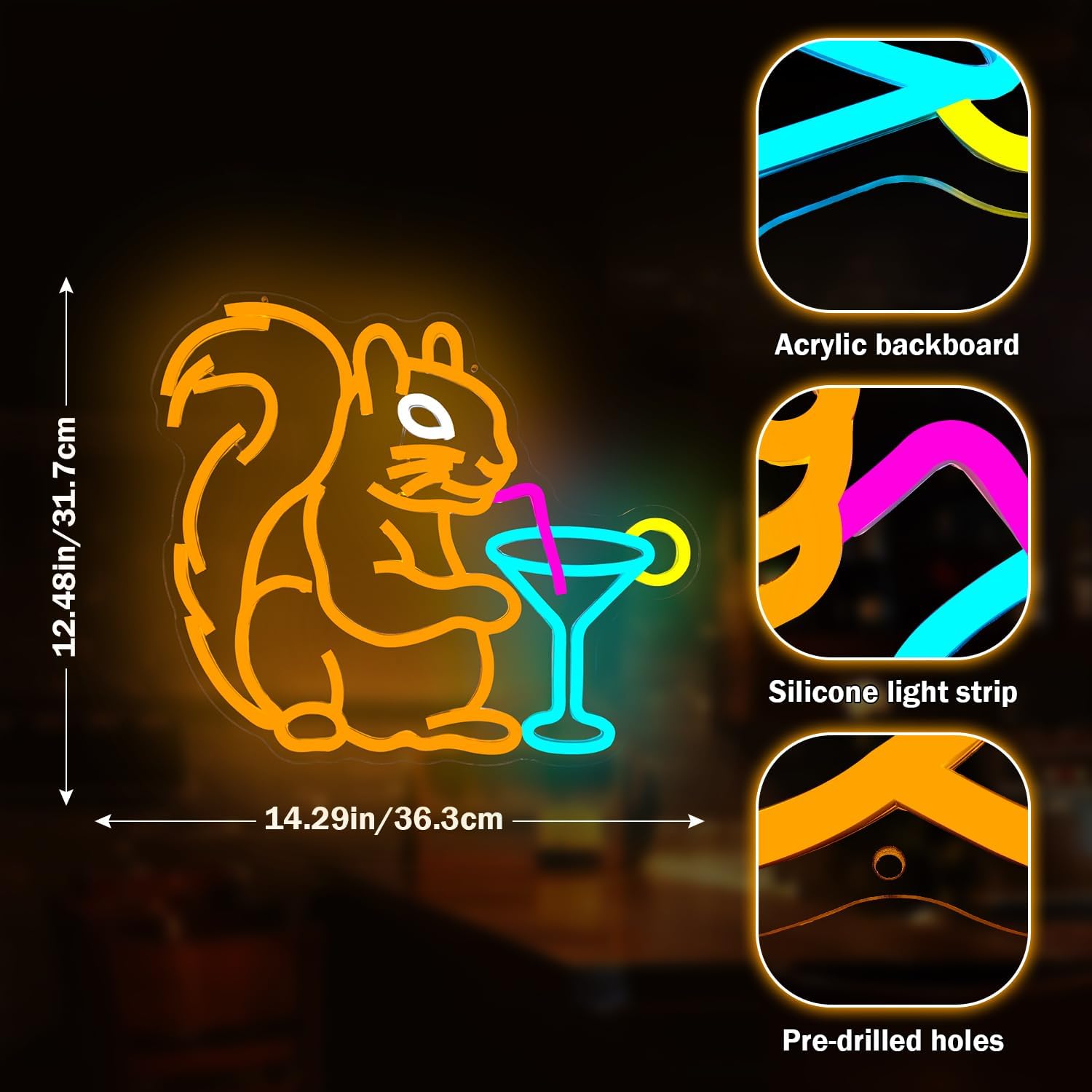 Squirrel Cocktail Neon Sign for Wall Decor Orange Squirrel Neon Lights for Bedroom Dimmable Animal Led Signs for Bedroom Wall Cocktail Bar Light Up Sign for Bar Man Cave Kidsroom Game Room - Image 2