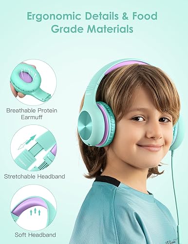 Miniatura 94 de Auriculares para niños con cable, auriculares sobre la oreja para niños con micrófono, límite de volumen de 85/94 dB, auriculares para niños y niñas